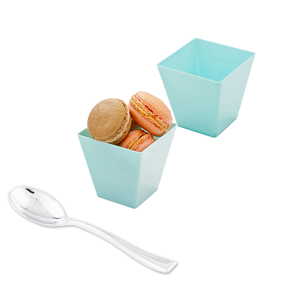 100 Pack 8 oz Square Baby Blue Plastic Kova Cups with 100 Silver Mini Plastic Spoons - Perfect for Baby Showers, Birthday Parties, and Events