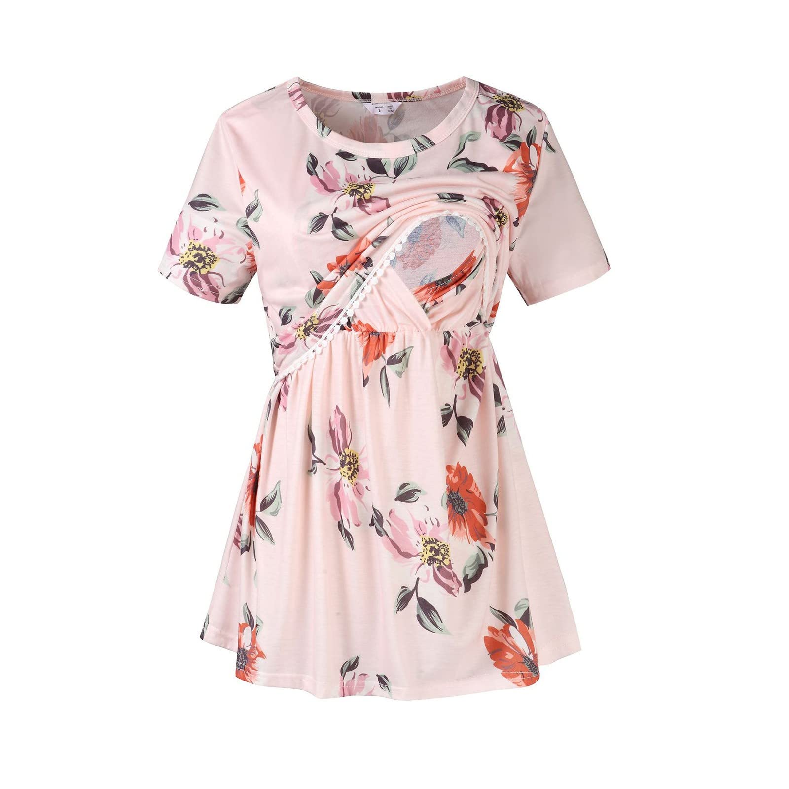 Maternity Shirt for Women - Floral Printed Summer Short Sleeve Nursing Top - Comfortable Pregnancy Clothes for Breastfeeding & Everyday Wear - Perfect for Work, Shopping & Maternity Photos