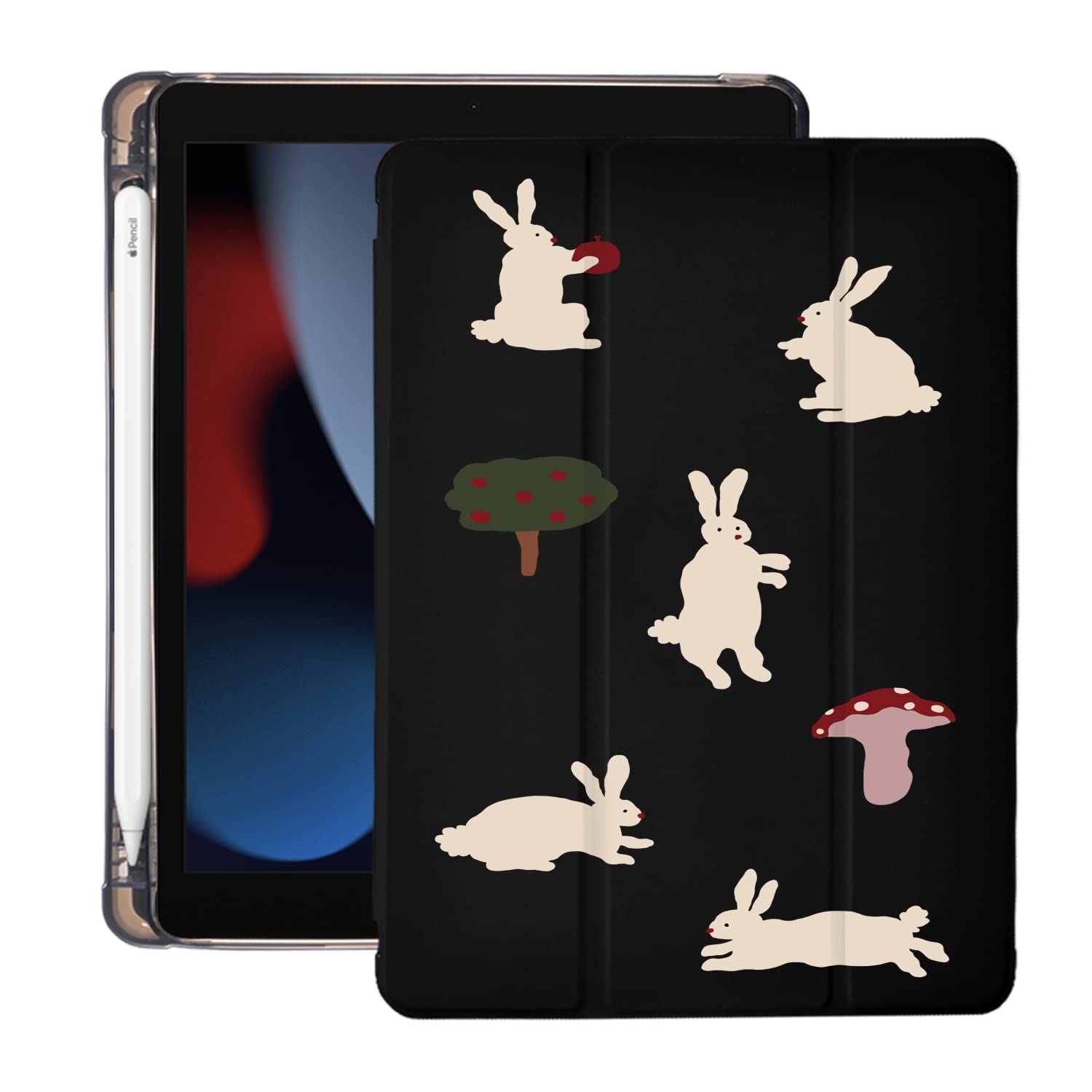 Cartoon Rabbit iPad Air 3 Case with Pencil Holder - Auto Sleep/Wake Function - Black Leather & Clear TPU Back Cover for iPad Pro 10.5 Inch (2017 Model) - Perfect for Work, Study & Travel Protection