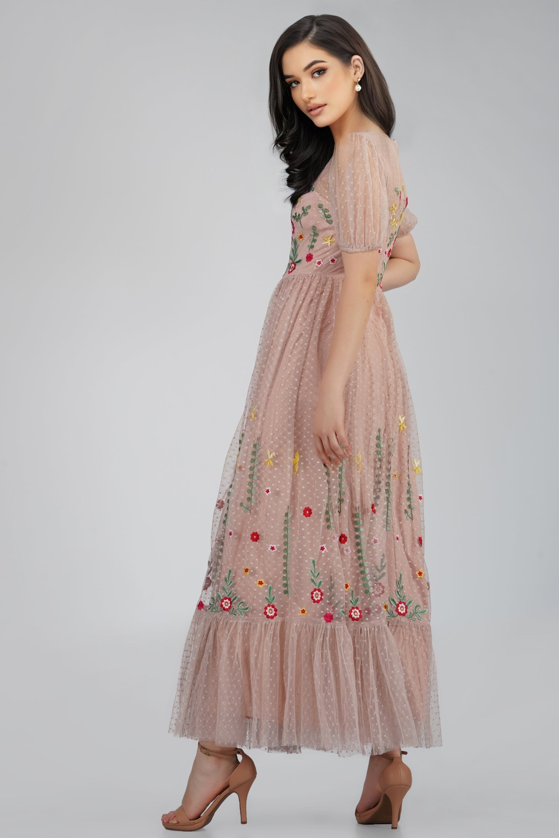 Azalea Dusty Pink Embroidered Floral Summer Dress for Women - Elegant Boho Maxi Dress for Beach, Wedding & Special Occasions