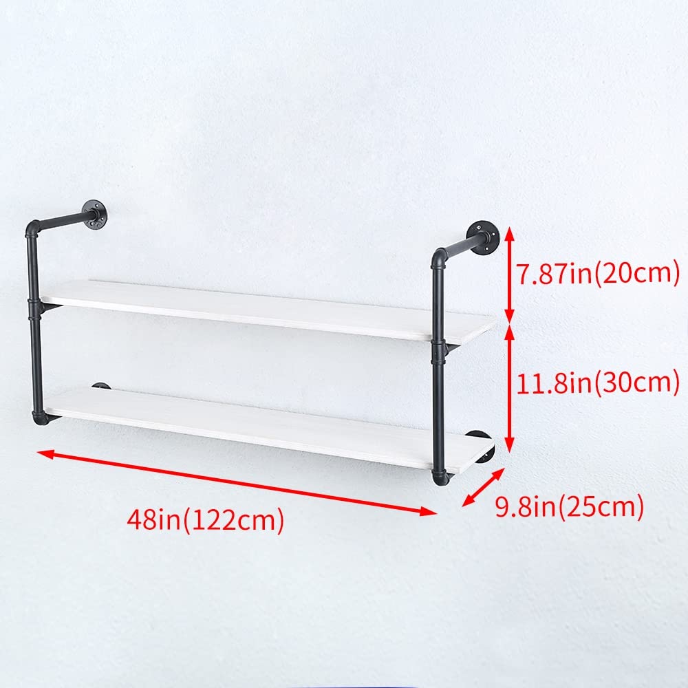 Industrial Pipe Shelving Wall Mounted - 48in Rustic Metal Floating Shelves with Real Wood, Steampunk Style Bookshelf for Farmhouse Kitchen & Bar (2 Tier) - Perfect for Home Office, Living Room & Bedroom Storage