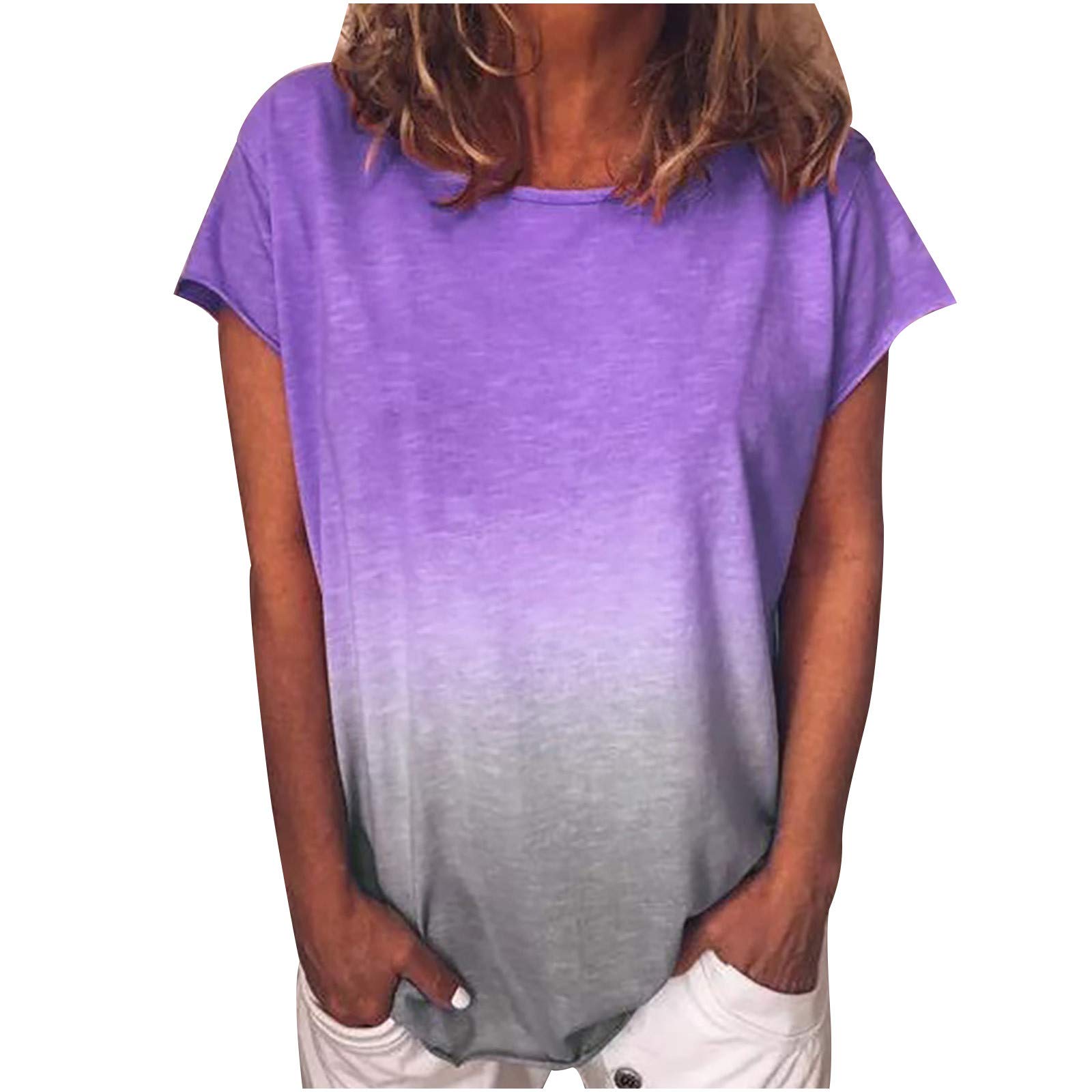 Gradient Color Women's Sleeveless Tunic Blouse - Casual Short Sleeve T-Shirt Top with Satin Trim in Pink & White | Plus Size Swimwear Cover Up, Beachwear, Summer Outfit