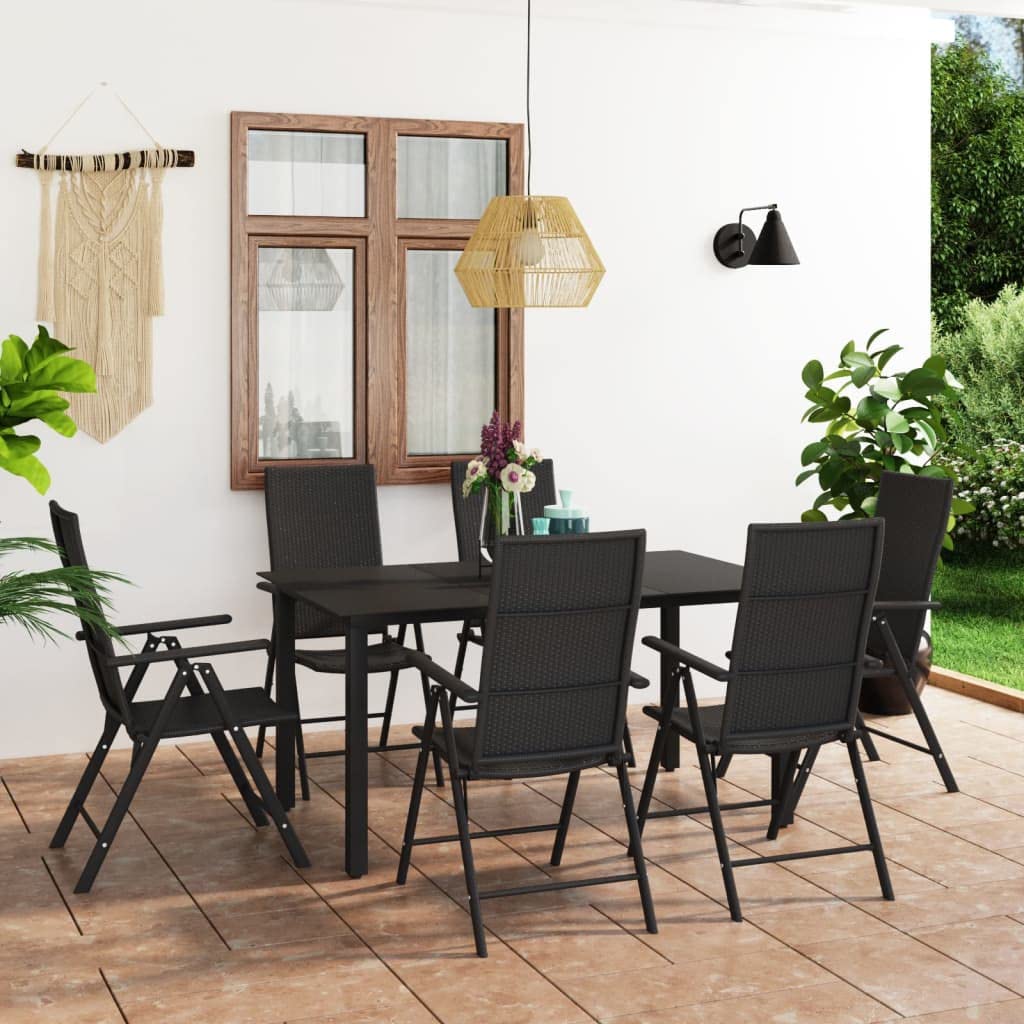 vidaXL 7-Piece Patio Dining Set - Black Rattan Outdoor Furniture with Reclining Chairs & Tempered Glass Tabletop for Garden, Terrace, Backyard - Perfect for Outdoor Entertaining & Relaxation