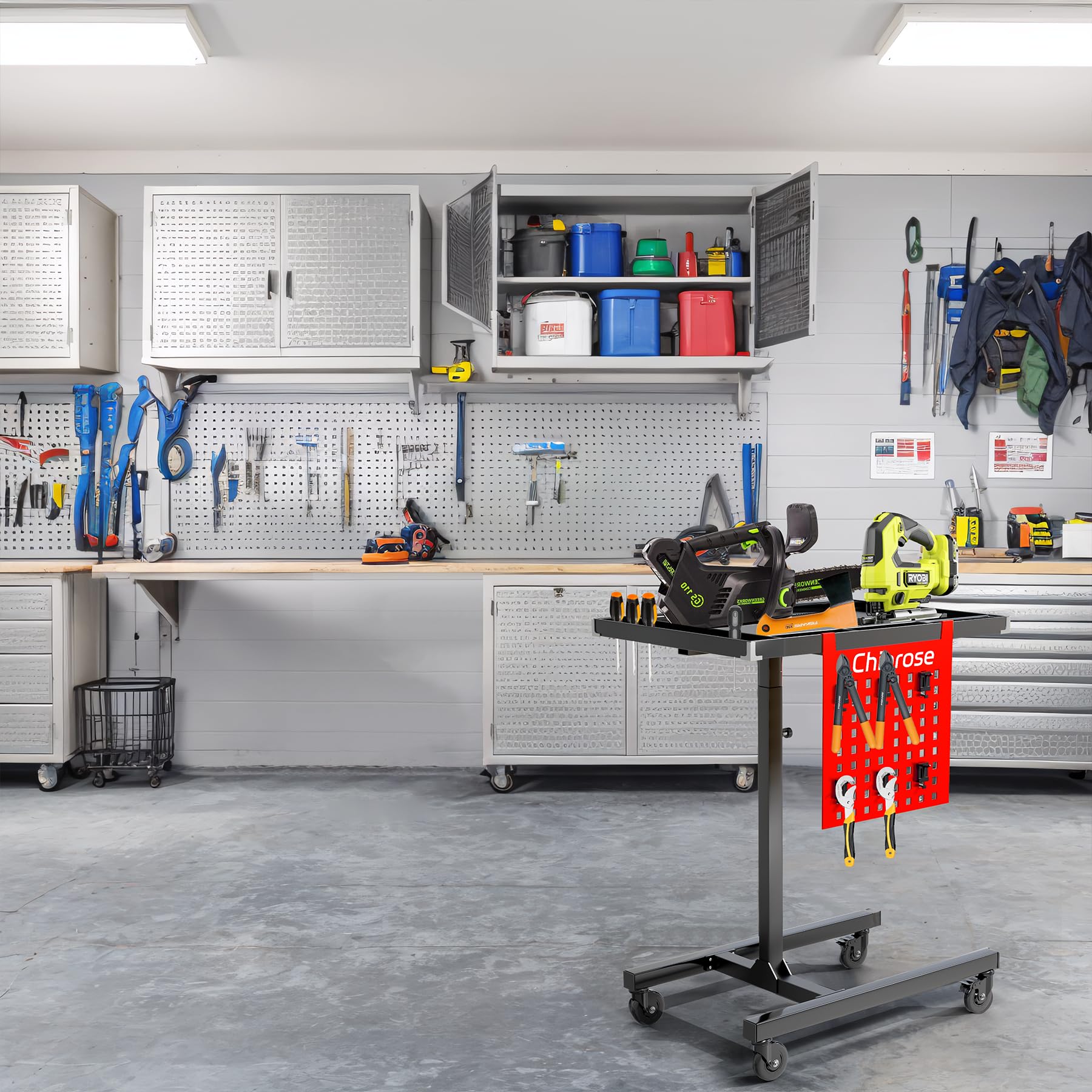 Heavy Duty Adjustable Workbench with Pegboard & Rolling Tool Tray - Mobile Workstation for Mechanics, Garage, Workshop & Warehouse | Perfect for DIY Projects, Auto Repair & Home Organization