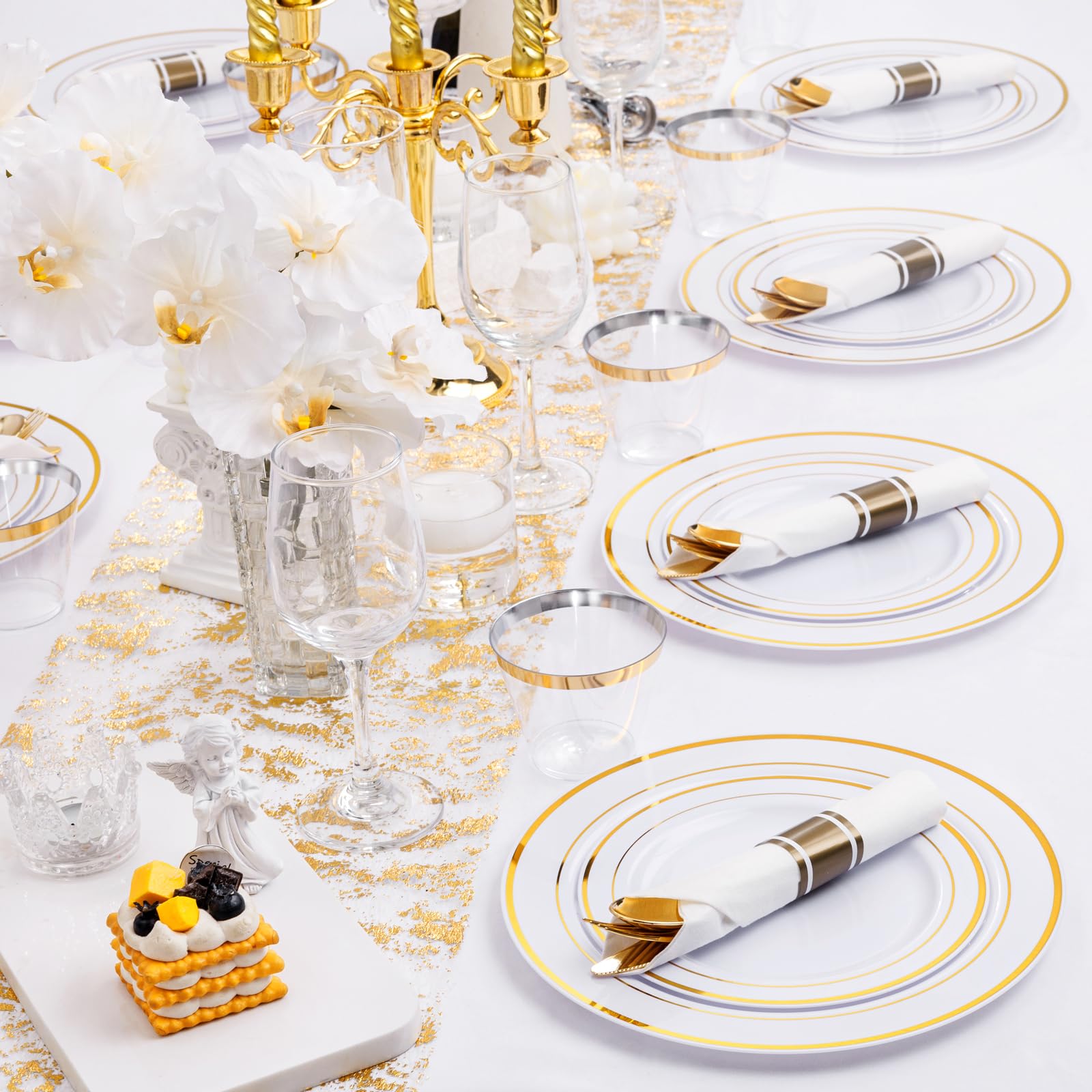 WELLIFE 350-Piece Gold Disposable Plates and Cutlery Set - Premium 10.25