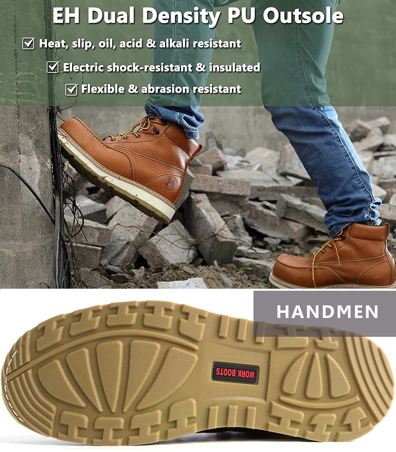 Men's 6-Inch Soft Toe Work Boots - Non-Slip, Puncture-Proof & Water-Resistant Safety Shoes with EH Moc Toe for Construction (HM302-11.5) - Ideal for Heavy Duty Work, Outdoor Labor & Industrial Jobs