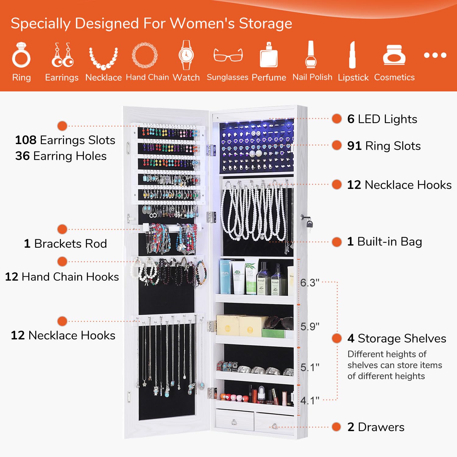 GISSAR Full Length Mirror Jewelry Cabinet with 6 LED Lights - Wall Mounted or Over The Door Hanging Jewelry Armoire - Lockable White Jewelry Organizer Storage for Bedroom, Closet & Dressing Room