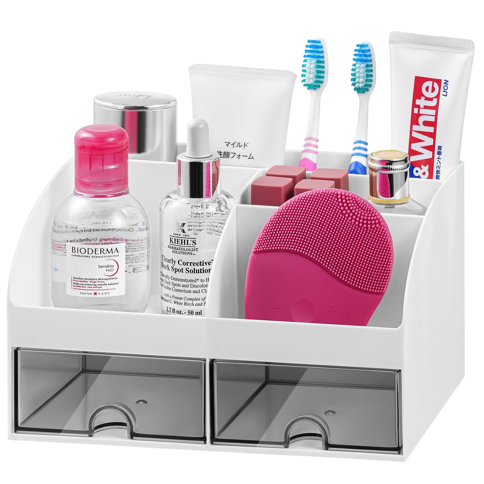 VITVITI 5-Slot Toothbrush Holder with Drawers - Bathroom Countertop Organizer for Toothpaste, Makeup & Vanity - White Plastic Sink Organizer for Home, Office & Travel Use