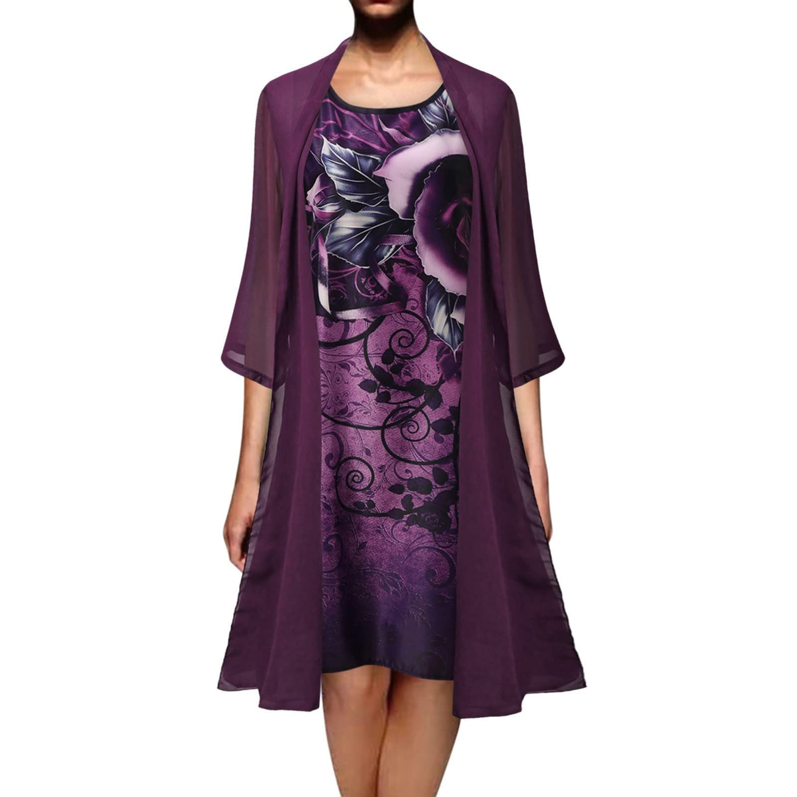 Miximx Plus Size Sundresses for Women - Floral Print Knee Length Tank Dress with Chiffon Shawl, Summer Two Piece Outfit for Beach, Vacation & Casual Wear
