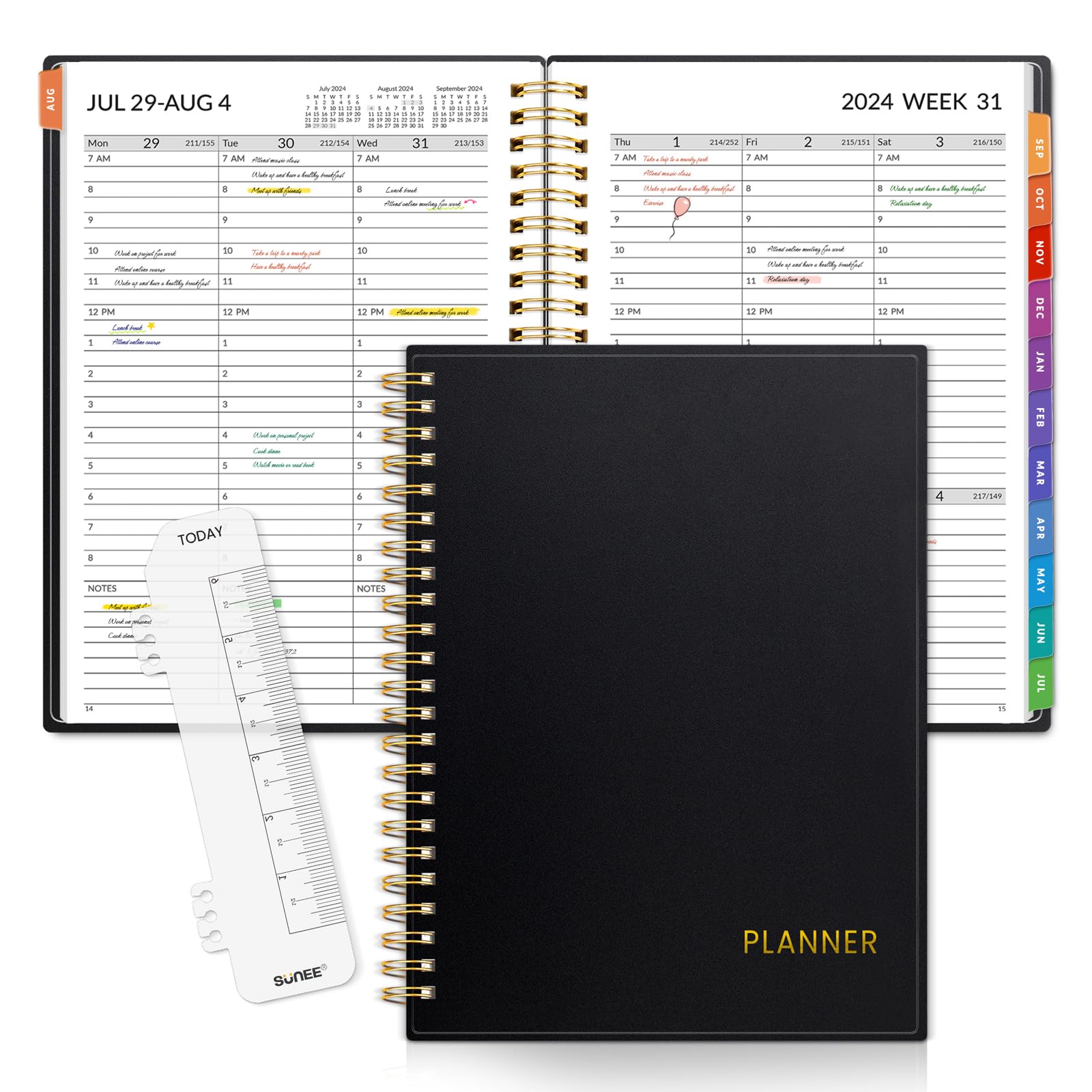 SUNEE 2024-2025 Academic Planner - 17 Month Weekly & Monthly Appointment Book with Hourly Schedule, Flexible Cover, Notes & Pocket (6.4
