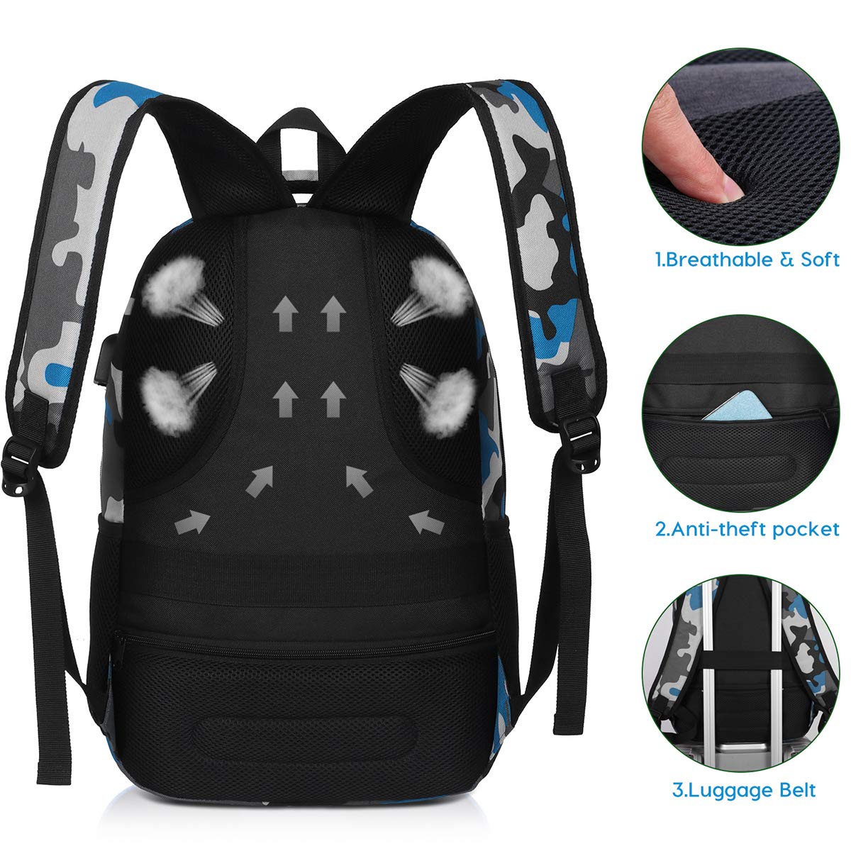 17 Inch School Backpack for Teen Boys & College Students - Durable Bookbag with USB Charging Port & Camouflage Blue Design - Perfect for High School, College, Travel & Daily Commute