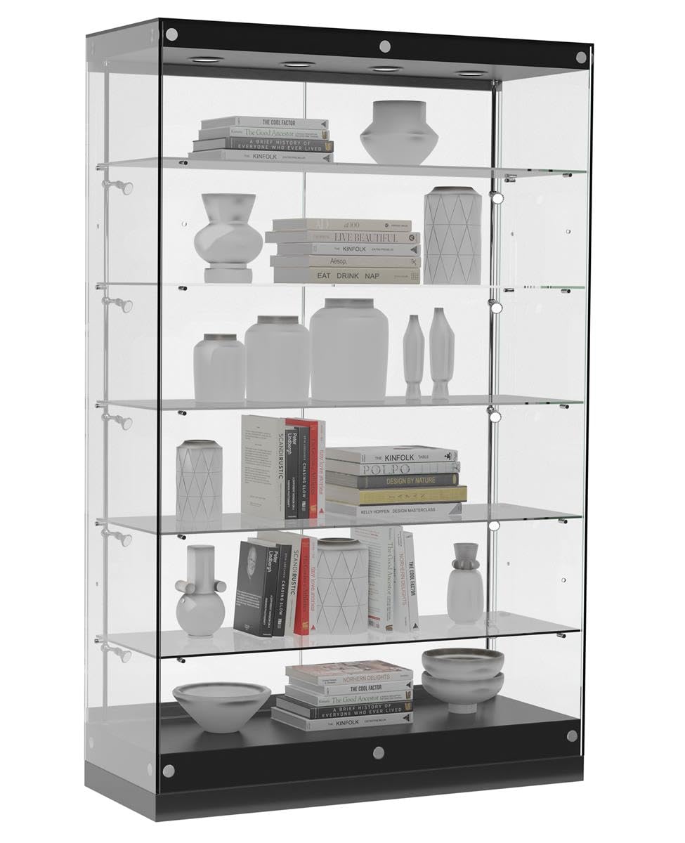4' Frameless Glass Display Case with LED Lighting - Adjustable Shelves, Locking Mechanism, Black MDF Base (GTAP48LEDB) - Perfect for Retail Stores, Boutiques, and Jewelry Showcases