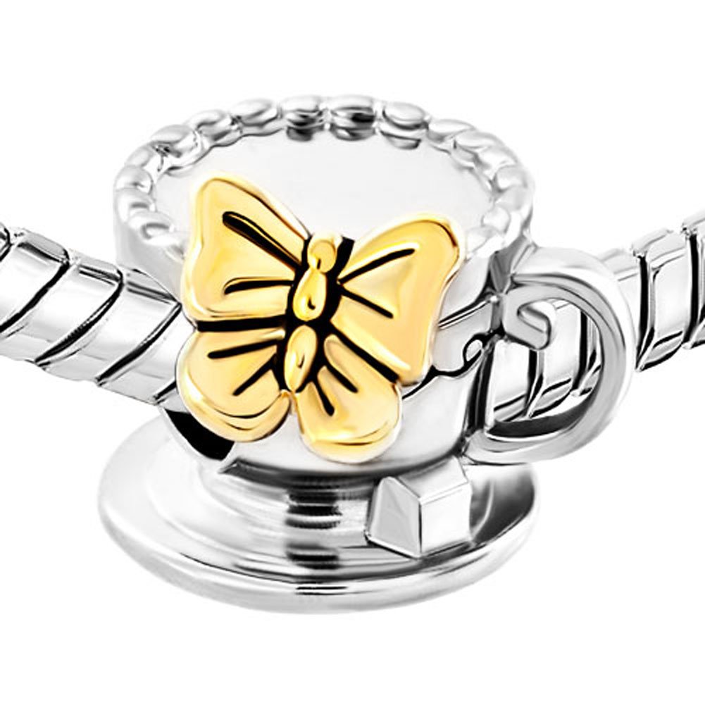 Silver Coffee Cup Charm with Golden Butterfly for Pandora Bracelet - Jewelry Making & Gifts