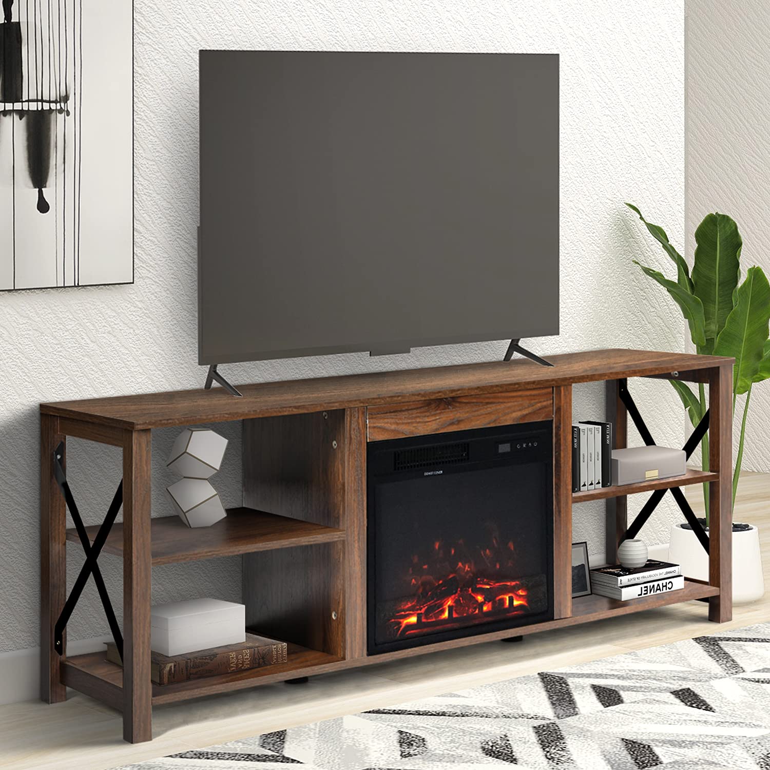 QLMUSE 60-Inch Electric Fireplace TV Stand with Remote Control - Brown Entertainment Center for Living Room, Media Storage Console for TVs up to 70