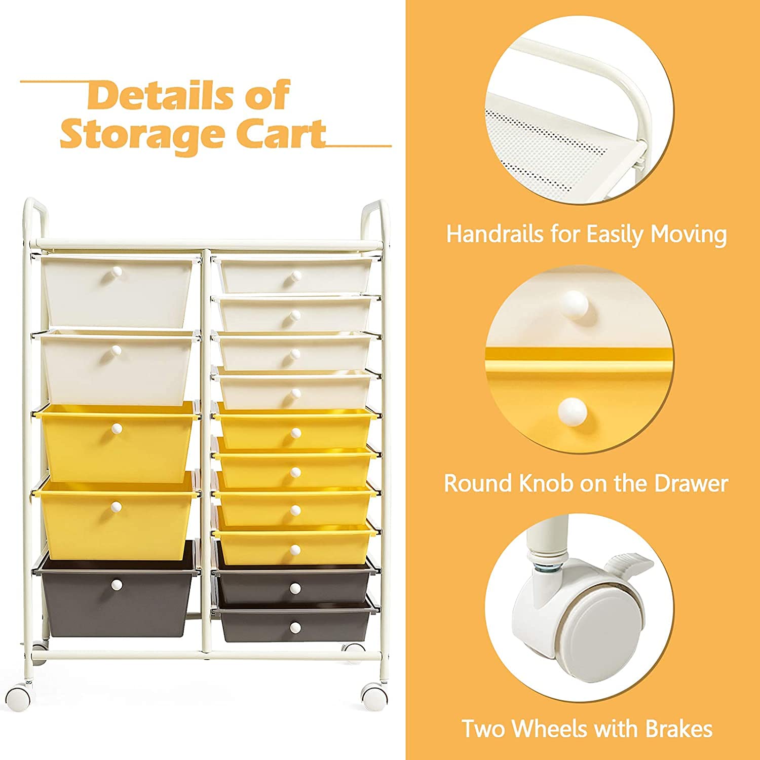 HAPPYGRILL 15-Drawer Rolling Storage Cart with Wheels - Mobile Organizer for Tools, Office Supplies, School & Craft Room - Perfect for Home, Office & Classroom Organization