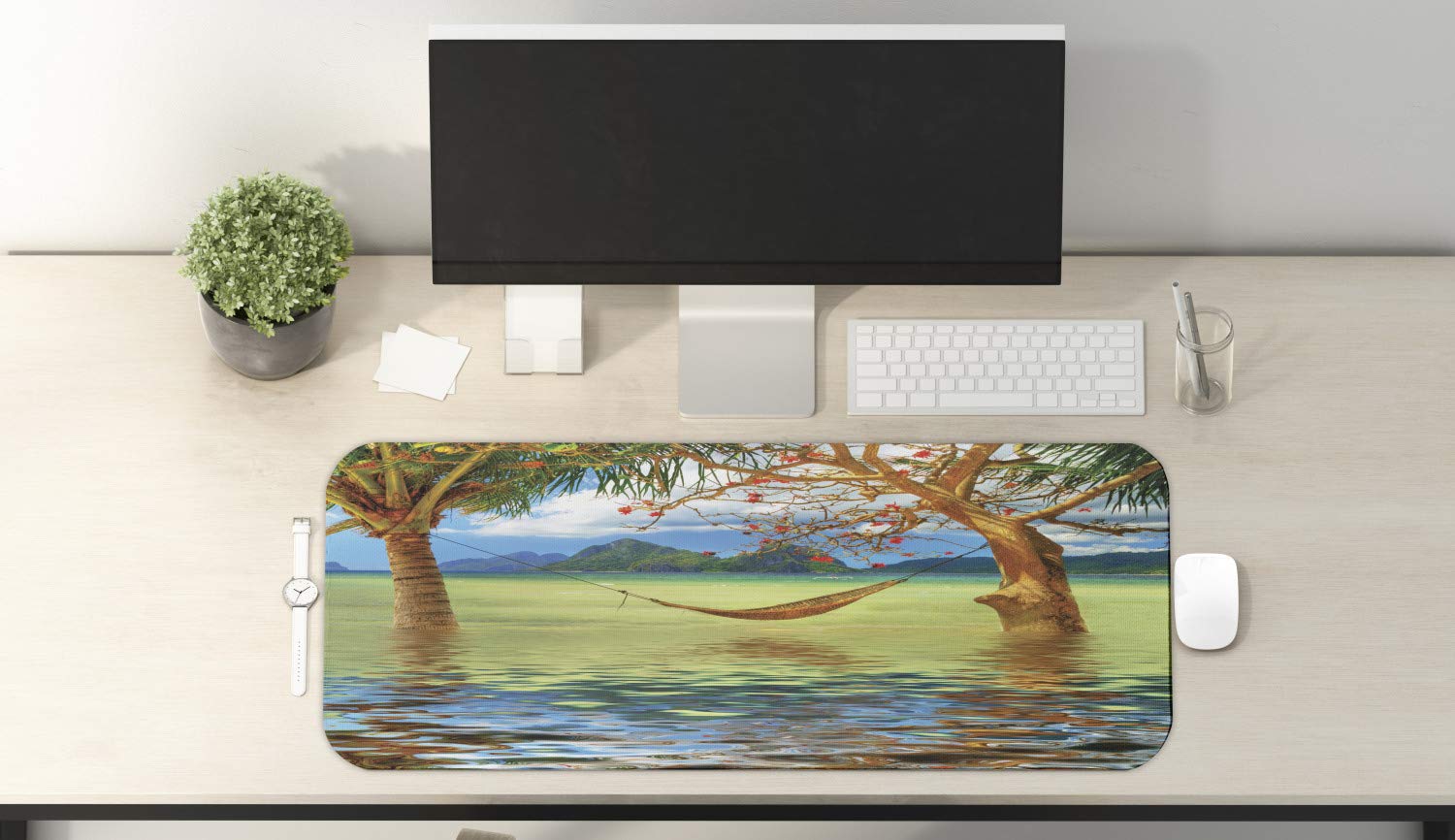Ambesonne Tropical Beach Mouse Pad - Non-Slip Rubber Gaming Mousepad with Hammock Art, 31