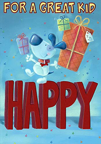 Designer Greetings Great Kid Birthday Card - Blue Dog Holding Gifts for Boys, Fun Juvenile Greeting Card for Kids Birthday Parties & Celebrations