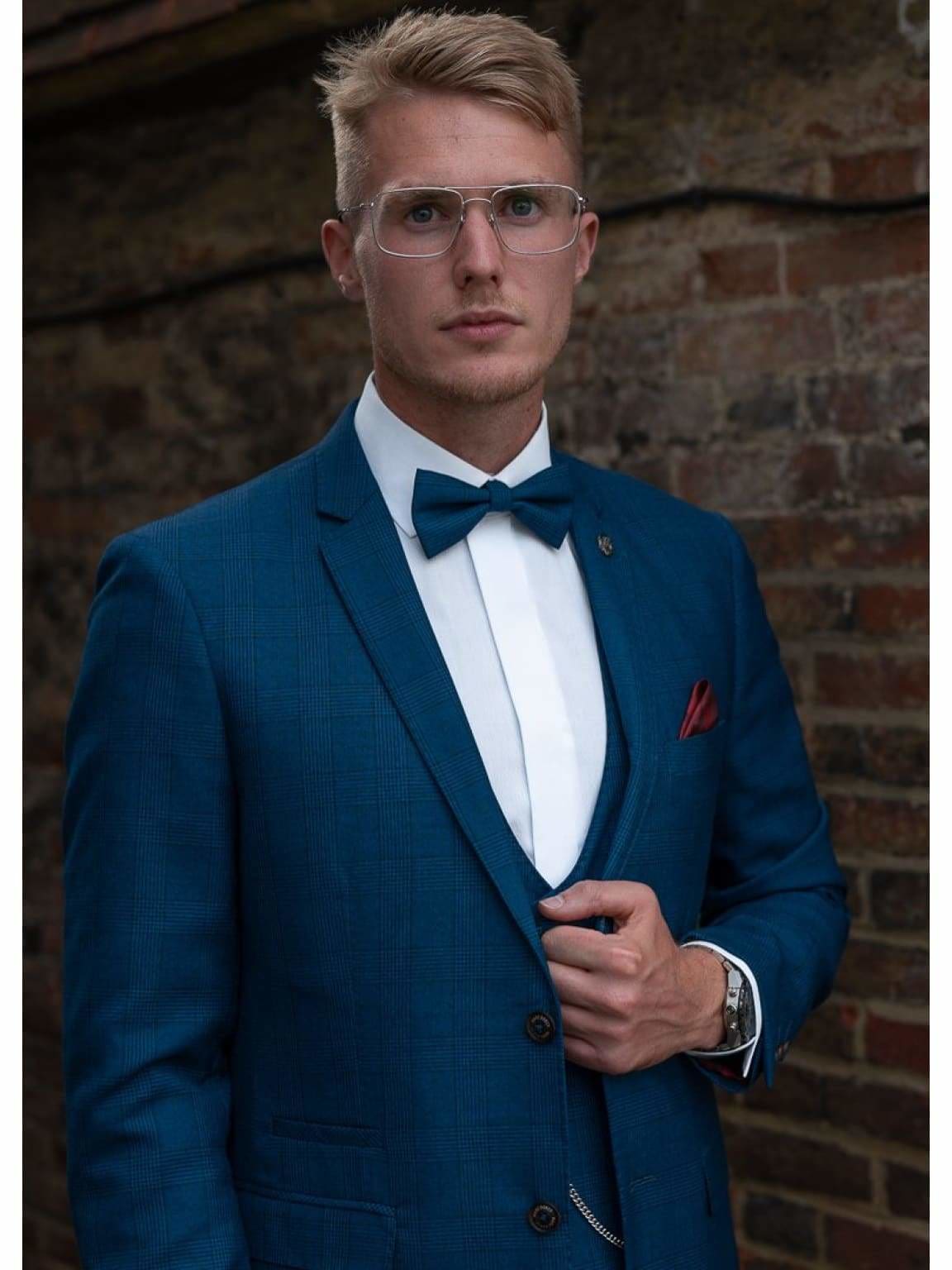 Marc Darcy George Royal Blue Check Three Piece Suit for Men | Formal Business Attire | Wedding, Office & Special Occasion Wear