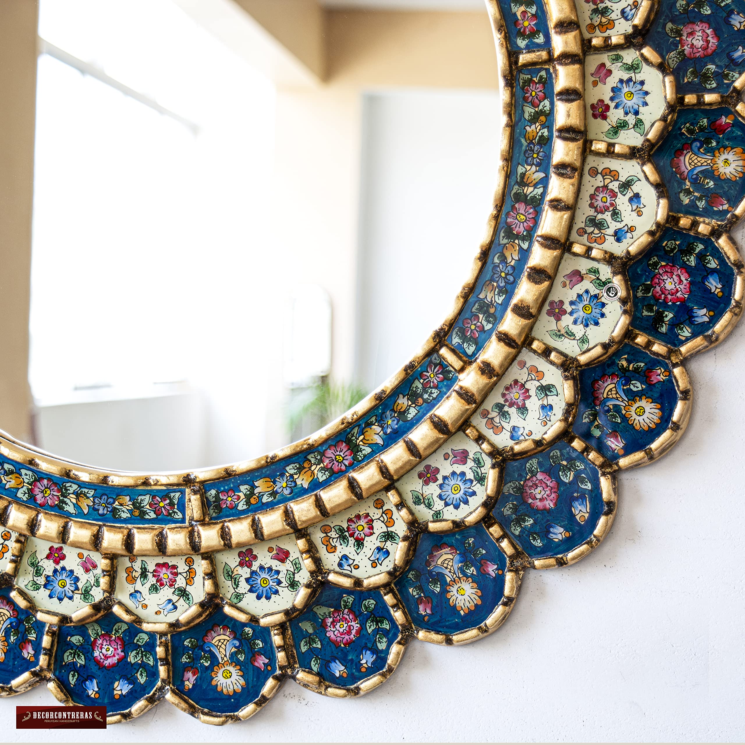 Blue Gold Circle Wall Mirror - Handmade Peruvian Round Hanging Mirror for Living Room Decor | Elegant Gold Frame Wall Art | Perfect for Bedroom, Bathroom & Entryway Decorations