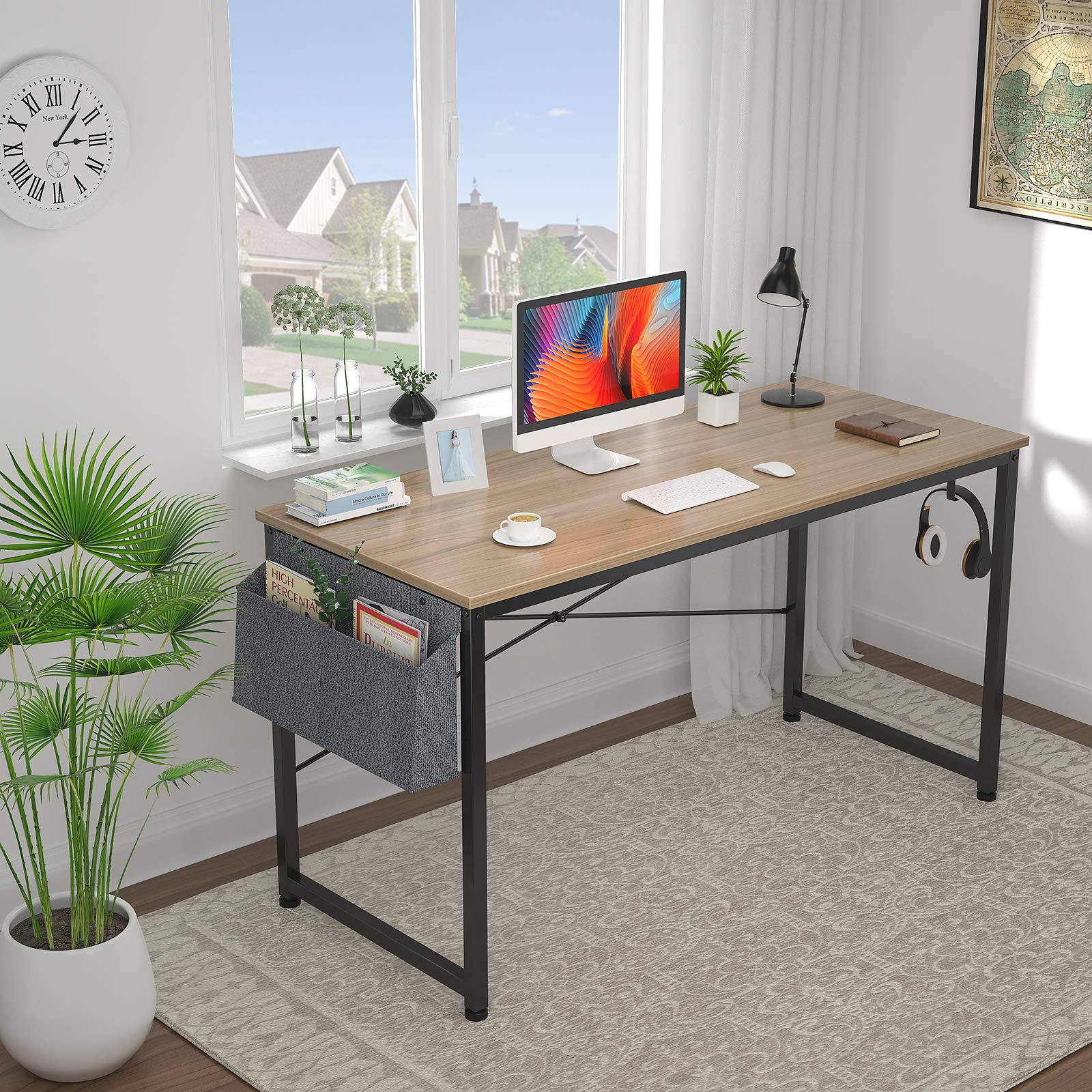 HomVent 47 Inch Modern Computer Desk - Home Office Writing Study Table with Storage Bag, Waterproof & Durable, Natural Wood Finish - Perfect for Small Spaces, Remote Work, and Student Dorms