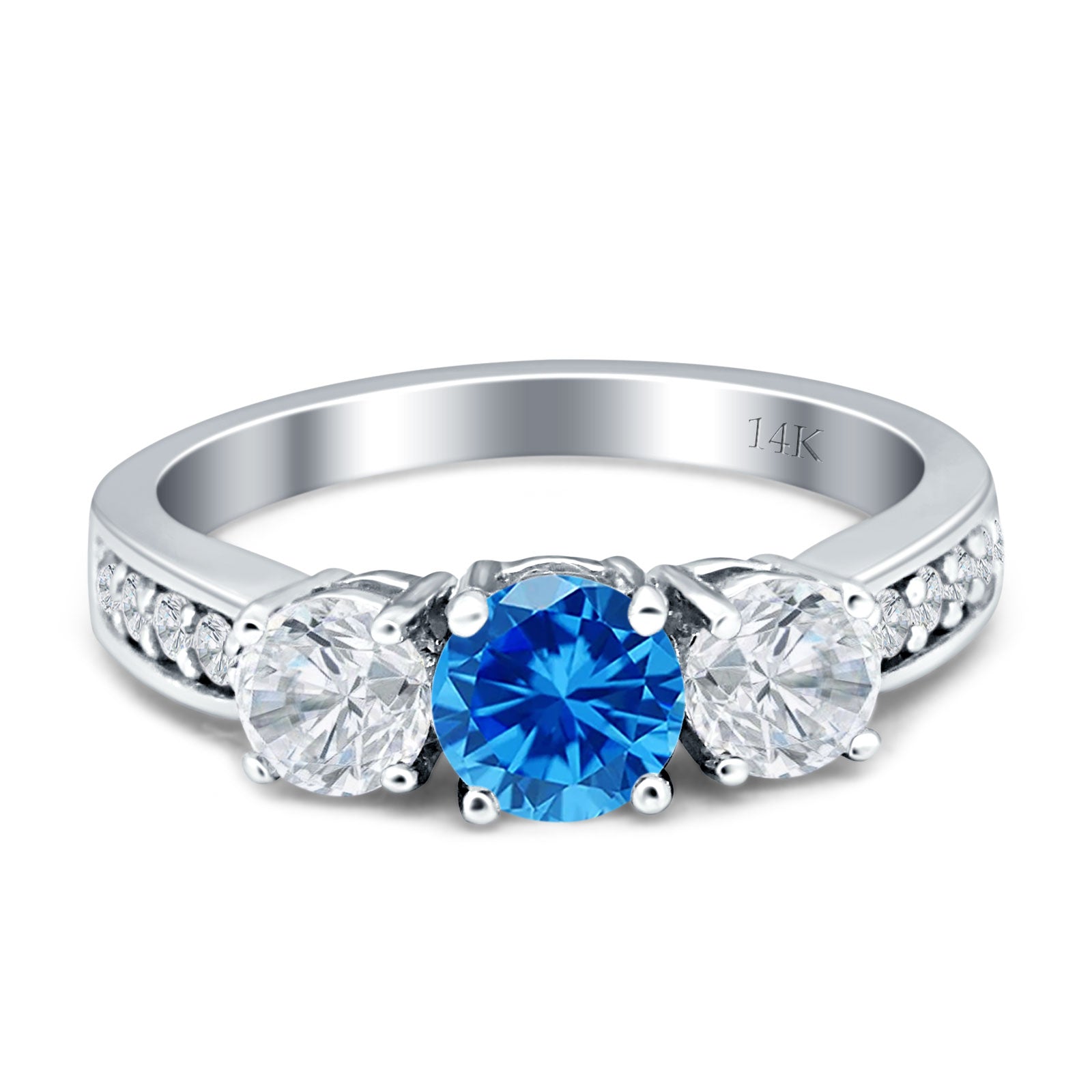 14K Yellow Gold Three Stone Round Blue Topaz & CZ Ring for Women - Elegant Birthstone Jewelry Gift for Anniversary, Engagement, or Special Occasions