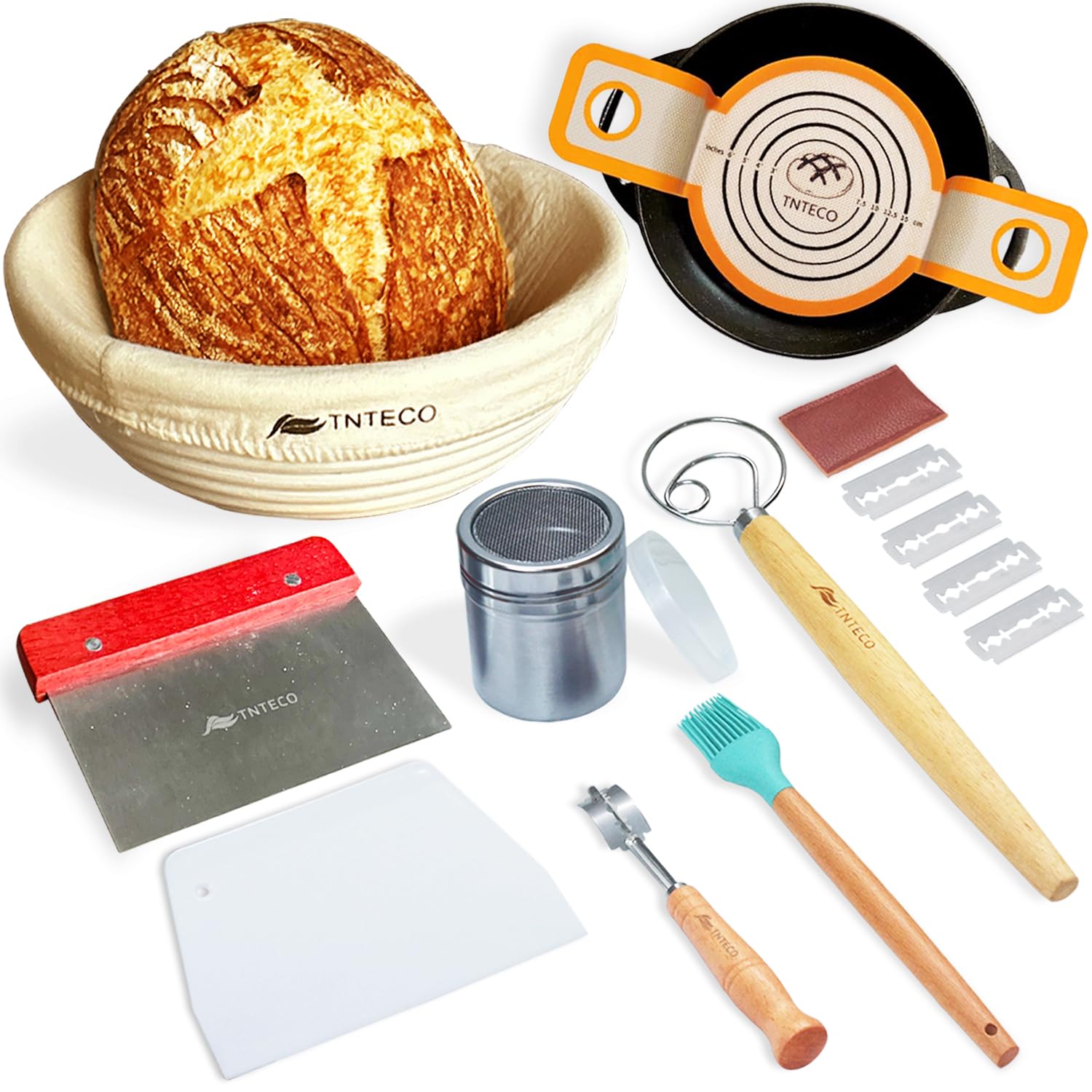 9 Inch Round Rattan Banneton Bread Proofing Basket Set with Silicone Bread Sling - Includes 5 Bread Lame, Scoring Tool, Stainless Steel & Plastic Dough Scraper, Dough Whisk & Linen Liner - Perfect for Sourdough Baking, Artisan Bread Making & Home Baker's Kit