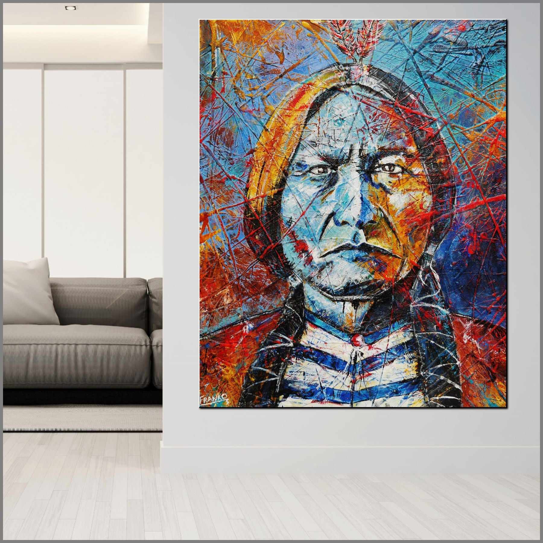 Raging Bull 120cm x 150cm Abstract Realism Painting of Sitting Bull Indian Chief - Urban Pop Art Wall Decor for Living Room, Office & Bedroom