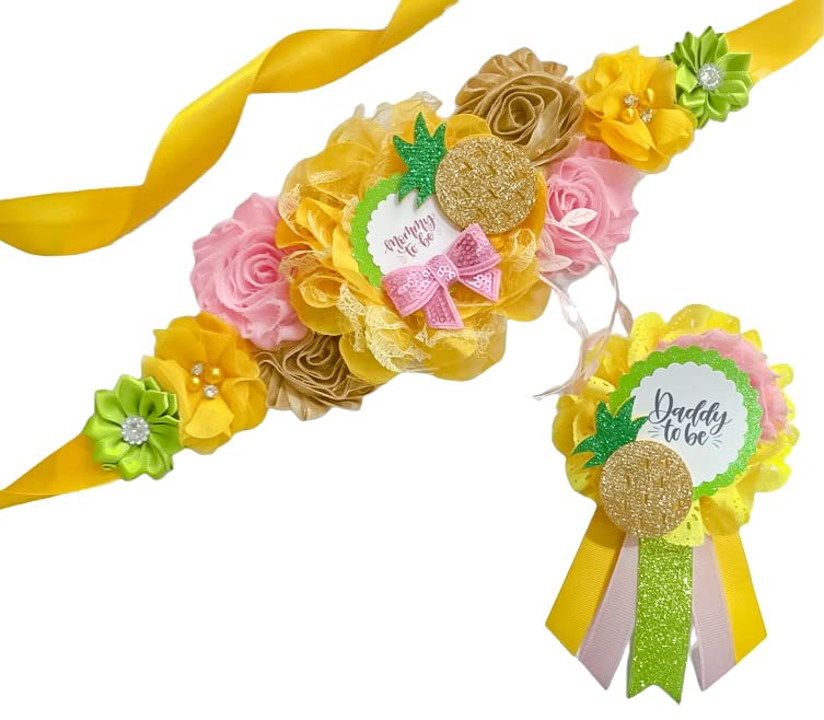 Pineapple Aloha Baby Shower Sash for Mom to Be - Yellow Maternity Sash for Pregnancy Announcement & Gender Reveal Parties - Perfect for Hawaiian Theme Baby Showers and Maternity Photos