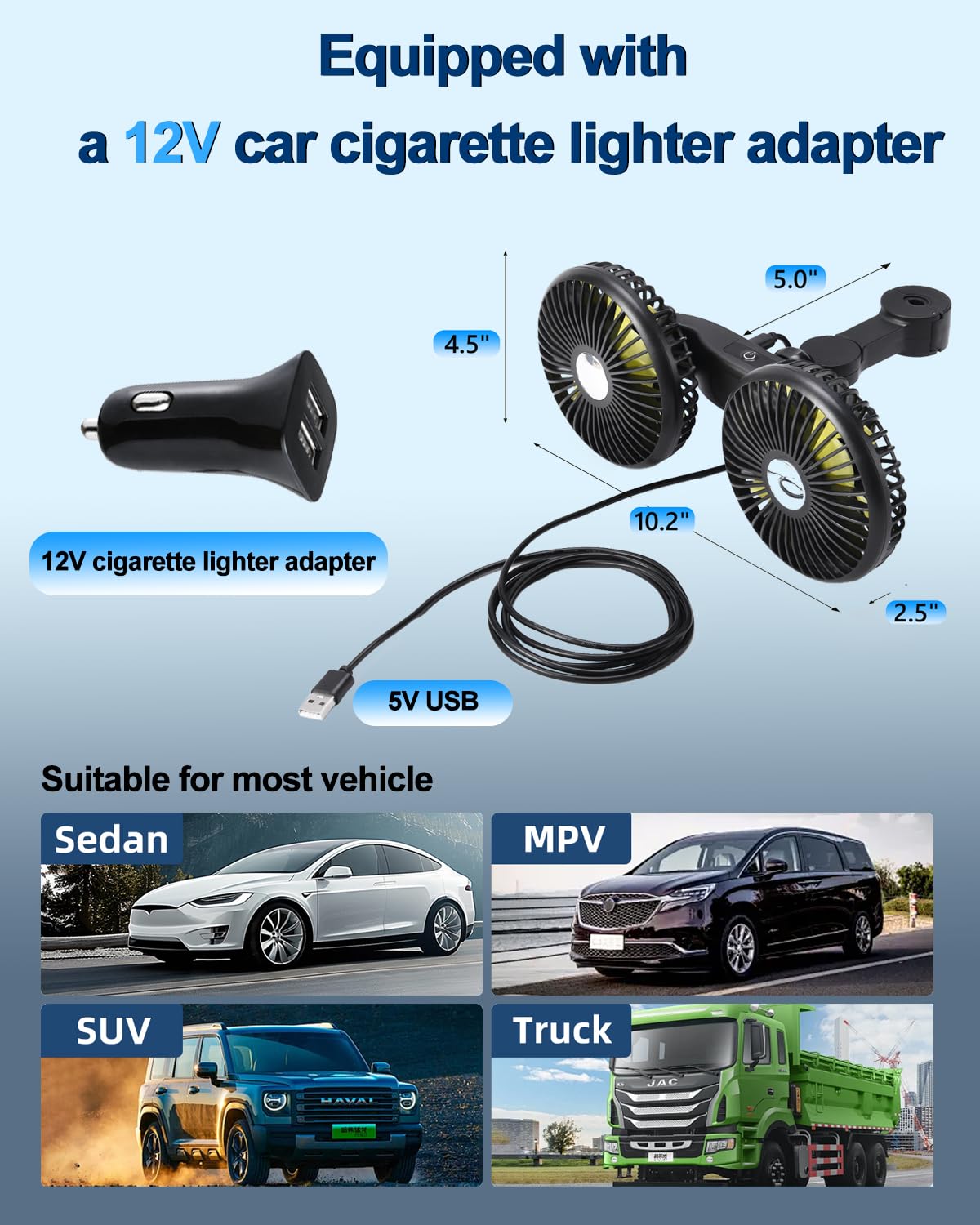 Dual Head USB Car Fan for Back Seat - Rechargeable 12V Cooler for Baby & Pets - SUV, Sedan, RV Use