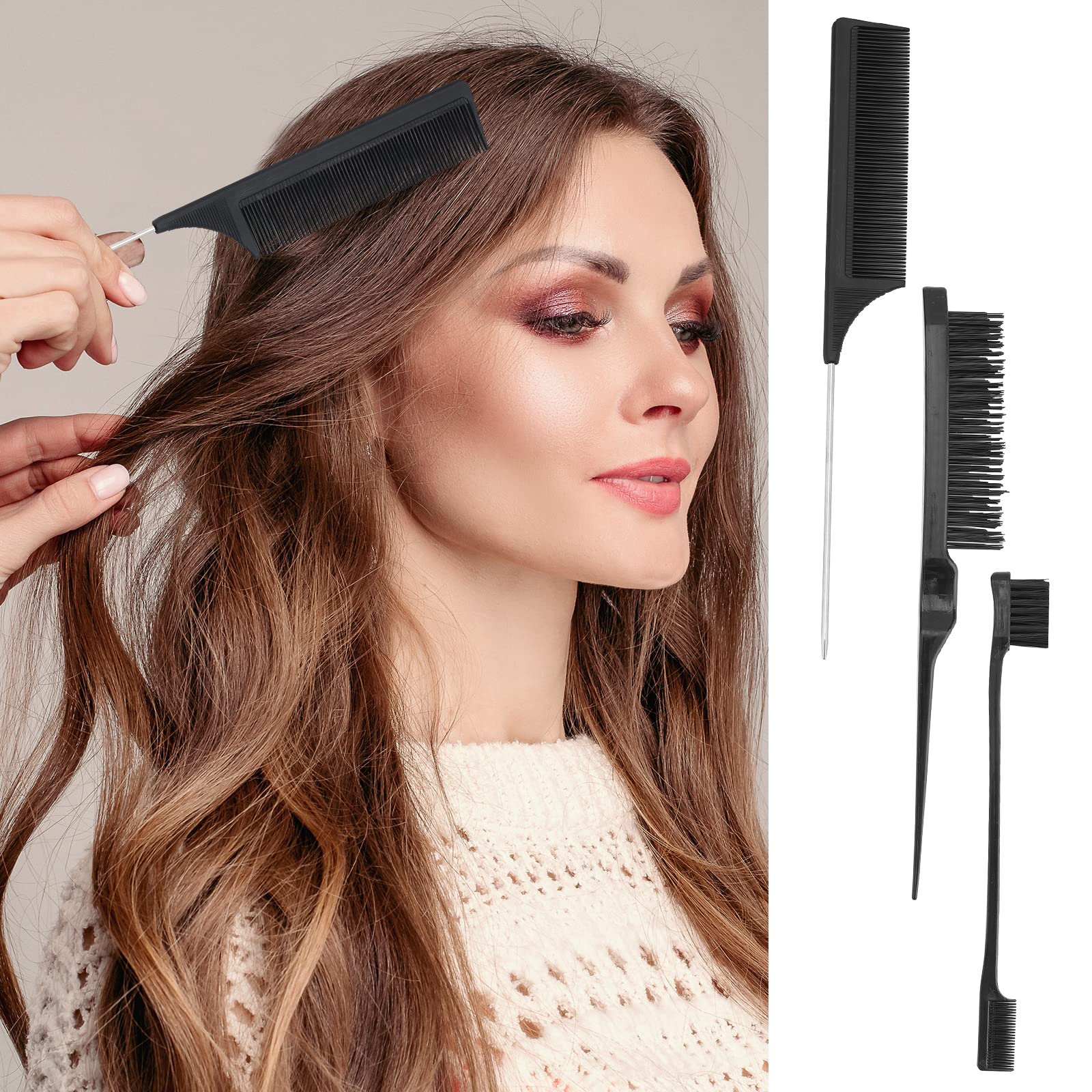Greoer 3-Piece Hair Styling Comb Set - Slick Brush, Teasing Comb & Tail Comb for Men & Women | Professional Hair Color Highlighting Tools, Black Plastic Grooming Combs with Edge Bristle Brush | Perfect for Salon Styling, Home Hair Care & DIY Coloring