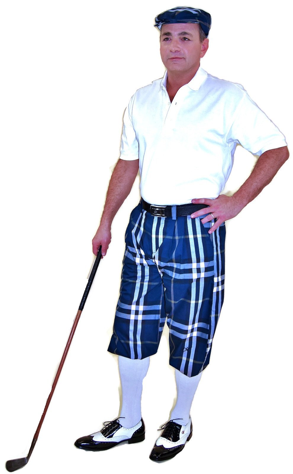 Stylish Blue Plaid Knickers Set with Matching Cap, White Socks & Polo Shirt - Perfect for Casual Outfits, Loungewear & Vintage Fashion Looks