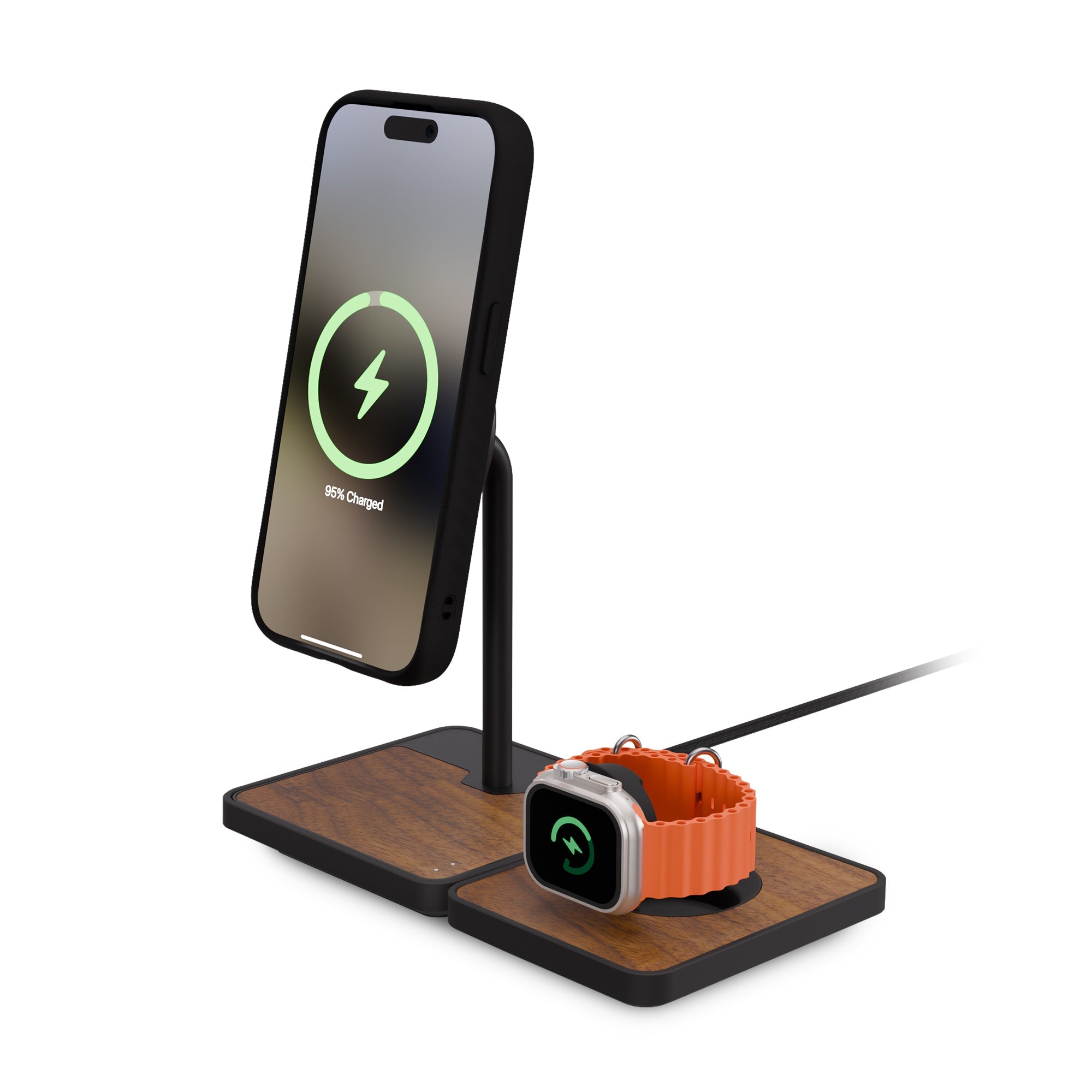 3-in-1 Wireless Charging Stand with Qi2 & MagSafe - Fast Charging for iPhone 15/14/13, AirPods, Apple Watch - Premium Walnut Wood Design - Perfect for Home, Office & Nightstand Use