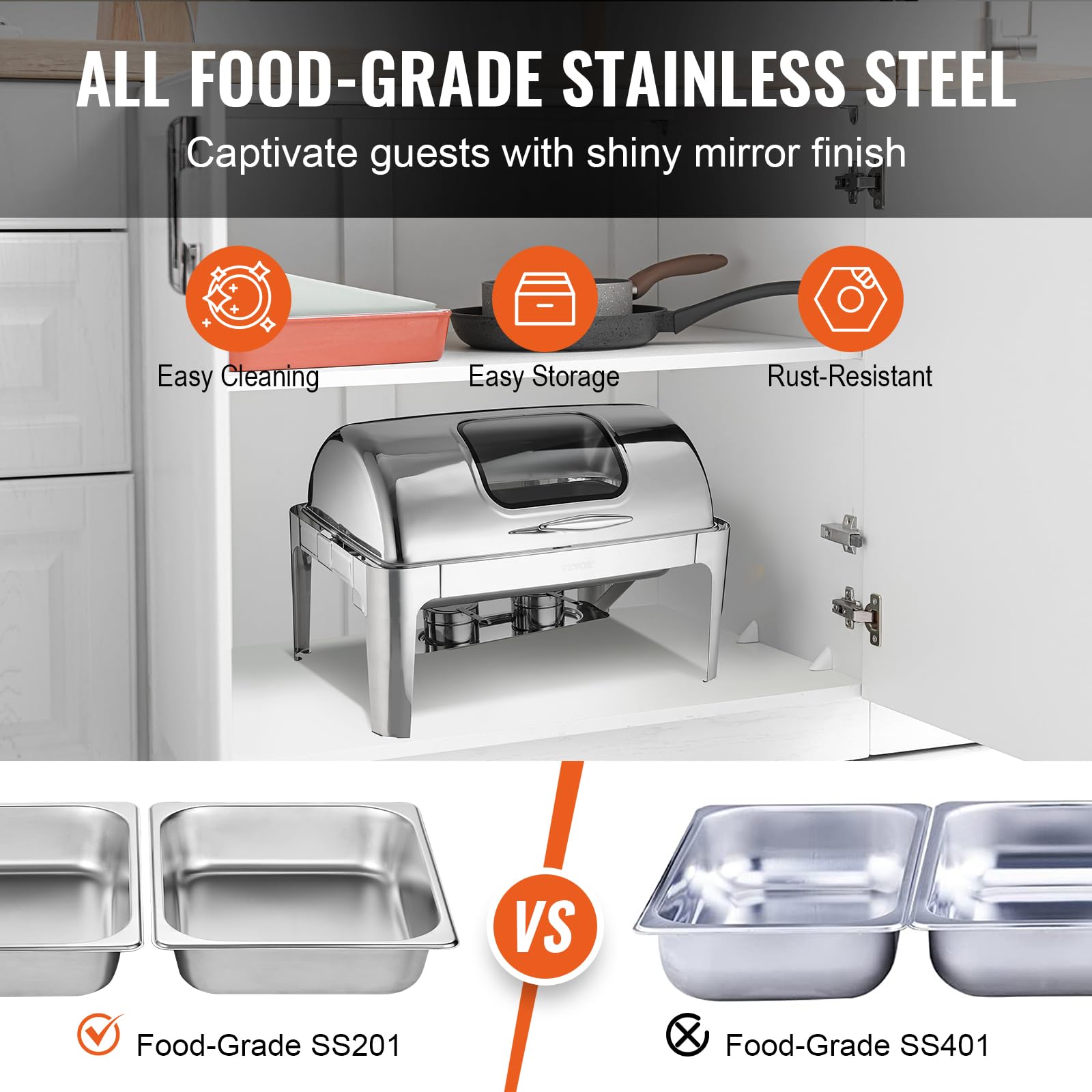 VEVOR 9 Qt Stainless Steel Roll Top Chafing Dish Buffet Set with 2 Half Size Pans, Rectangle Catering Food Warmer with Visible Lid, Water Pan Stand & Fuel Holder - Perfect for Buffets, Weddings, Banquets and Catering Events (Serves 9+ People)