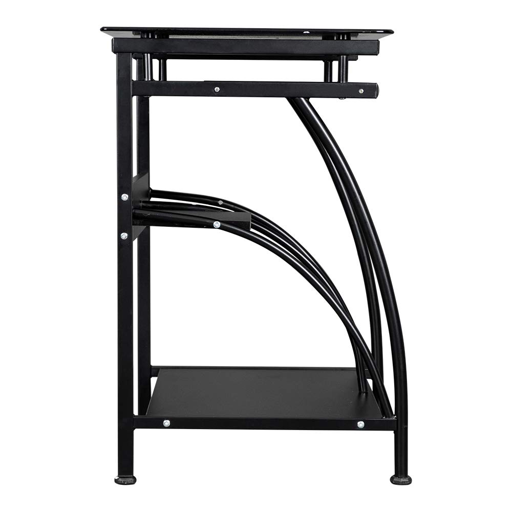 FCH Small Computer Desk with Keyboard Tray & Storage Shelves - Sturdy Steel Metal Standing Desk with Tempered Glass Top for Home Office, Gaming Setup & Workspace - Black Modern Workstation for Small Spaces
