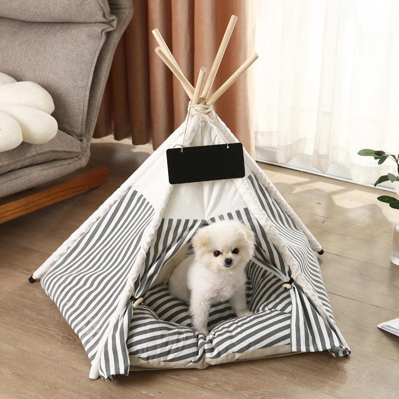 Cozy Dog Teepee Bed for Small Dogs & Pets - Washable Soft Cushion Pet Tent House for Indoor Cats, Puppies & Rabbits with Removable Bed & Name Sign (Grey White Striped) - Perfect for Home, Nursery & Pet Play Areas