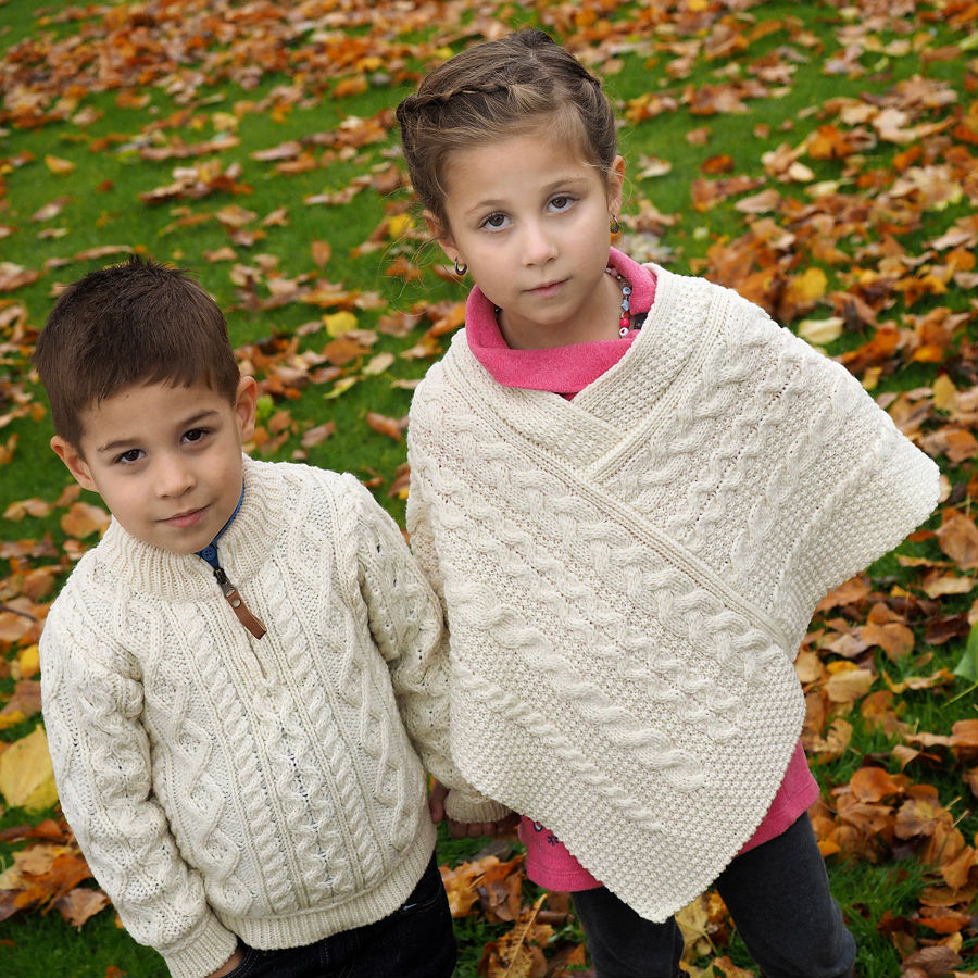 Girl's Aran Sweater Poncho - Irish Knit Wool Cape Cardigan for Kids (3 Colors) | Perfect for Winter, Christmas & Holiday Outfits