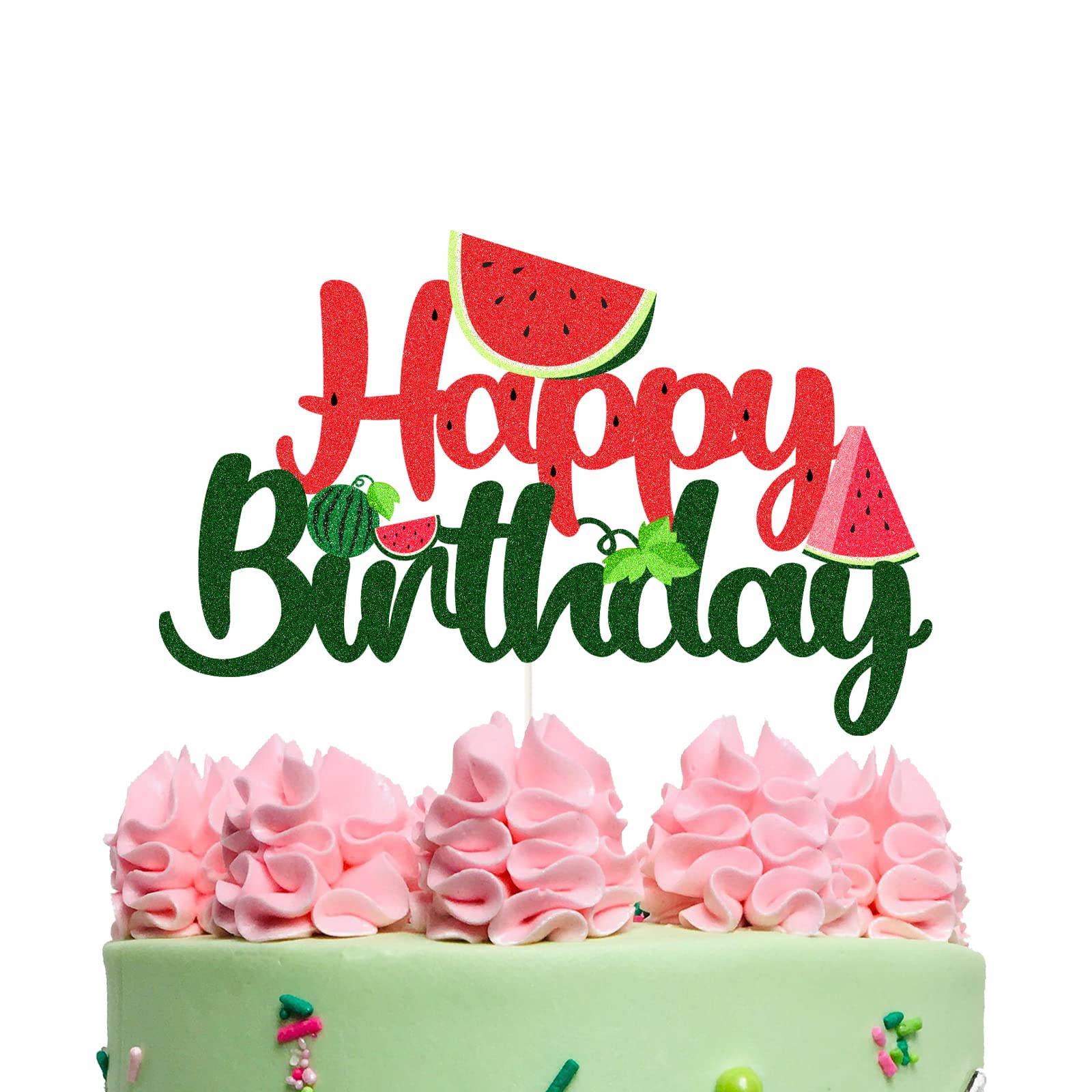 Watermelon Happy Birthday Cake Topper Set - Fun Fruit Theme Cake Decorations for Boys & Girls - Red & Green Cake Picks for Birthday Parties, Baby Showers & Summer Celebrations
