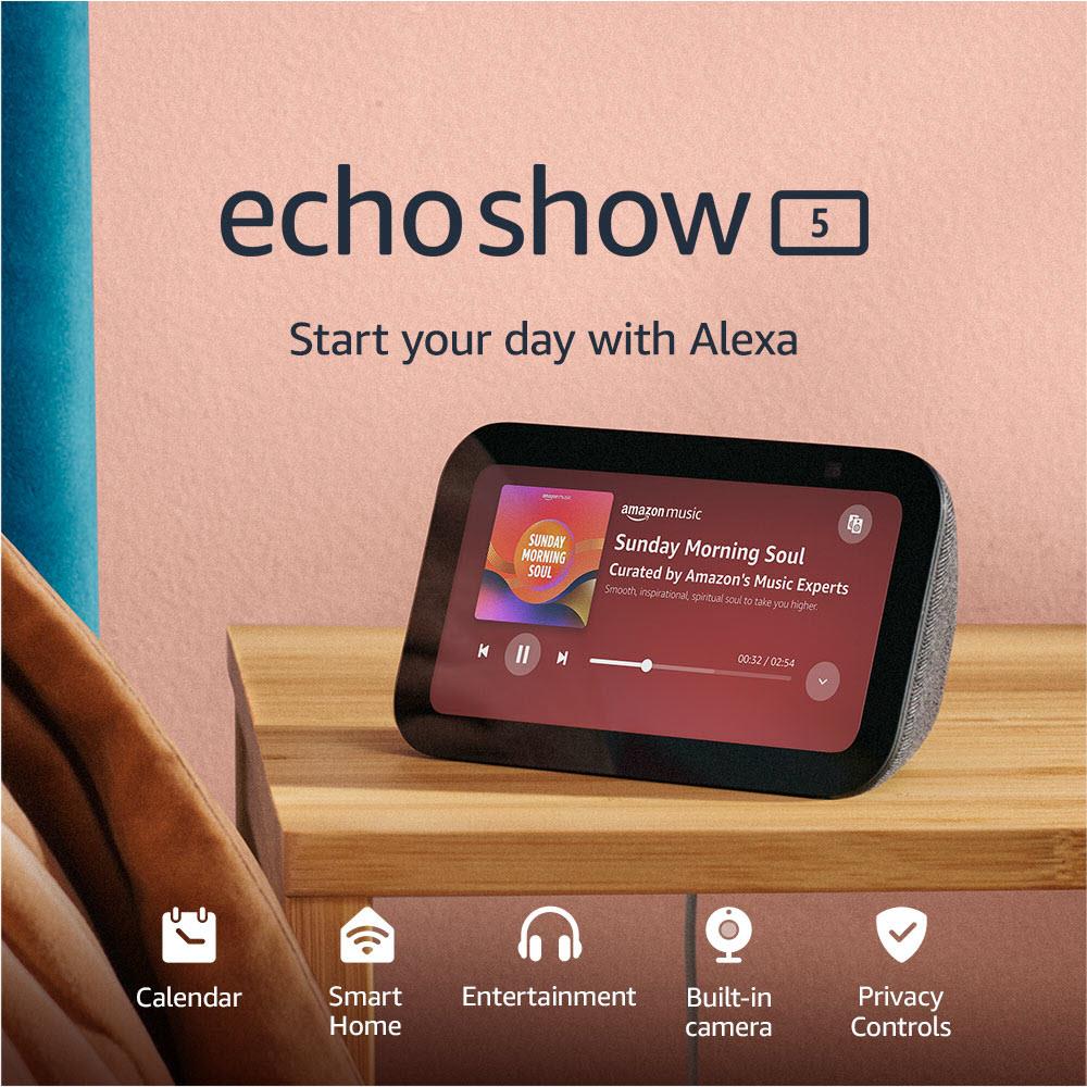 Amazon Echo Show 5 (3rd Gen) Smart Display with Alexa - Charcoal - Hands-Free Video Calls, Music Streaming & Smart Home Control - Perfect for Kitchen, Bedroom or Home Office