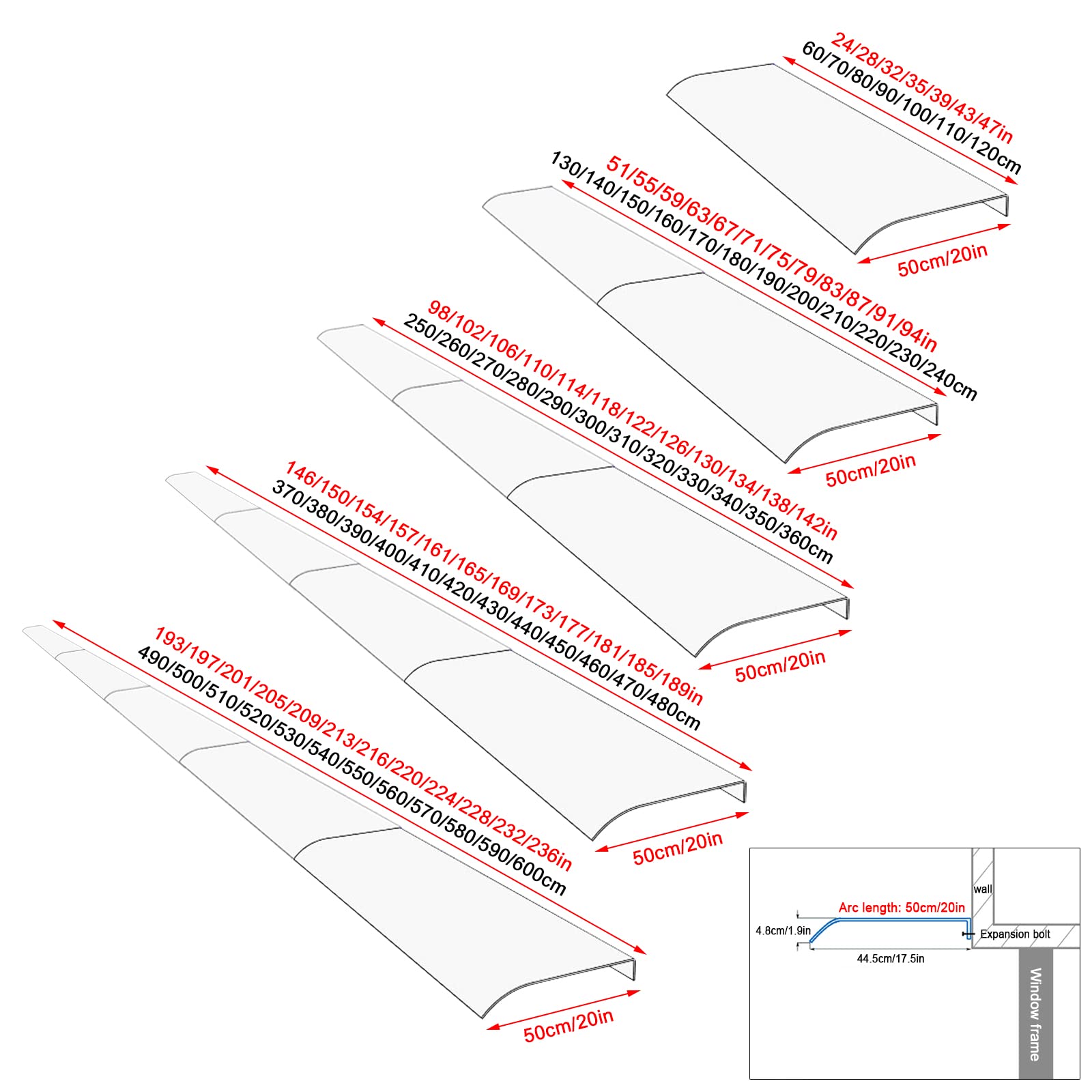 UV Resistant Transparent Polycarbonate Curved Window Door Canopy - 20x79 Inch Outdoor Awning Rain Shelter Cover for Porch, Garden & Patio - Durable & Weatherproof Sunshade with 110 Size Options
