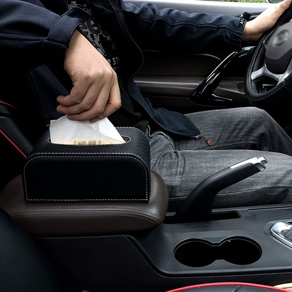 Premium Leather Car Tissue Box Cover - Universal Dashboard & Seat Organizer for Cars, SUVs & Trucks - Multi-Use Auto Tissue Holder (Black) - Perfect for Road Trips, Commuting & Family Travel