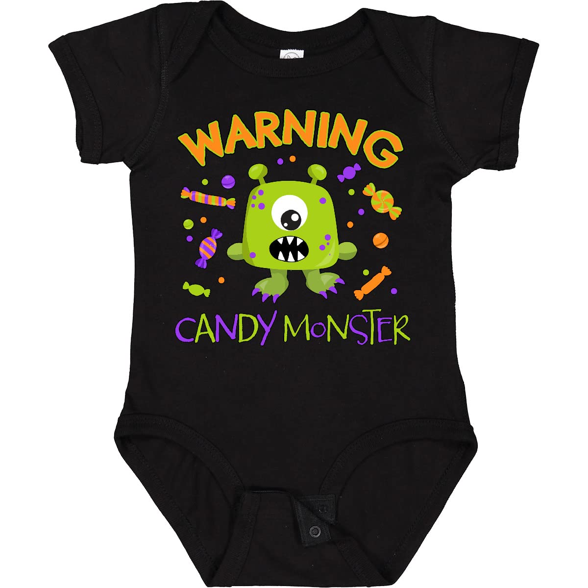 Inktastic Warning Candy Monster with Candy - Cute Green Monster Baby Bodysuit for Boys & Girls | Fun Halloween Costume & Playdate Outfit