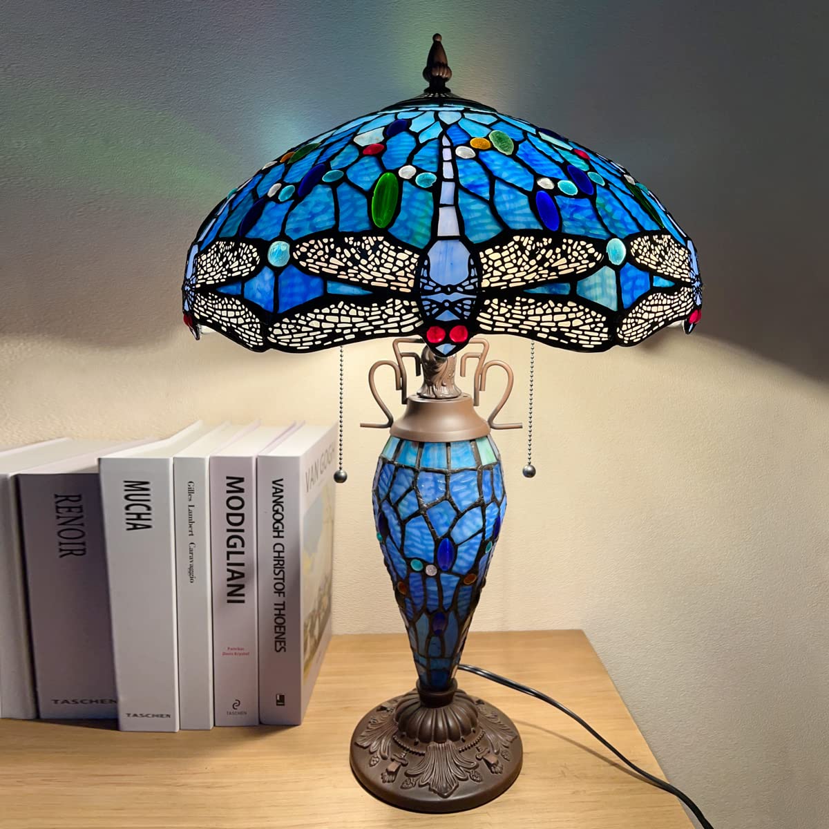 Tiffany Style Table Lamp - Antique Blue Dragonfly Stained Glass, 3-Light 16x16x24 Inches, Mother-Daughter Vase Design for Home Office, Living Room & Bedroom | Perfect for Reading Nooks, Nightstand Lighting & Home Decor Accents