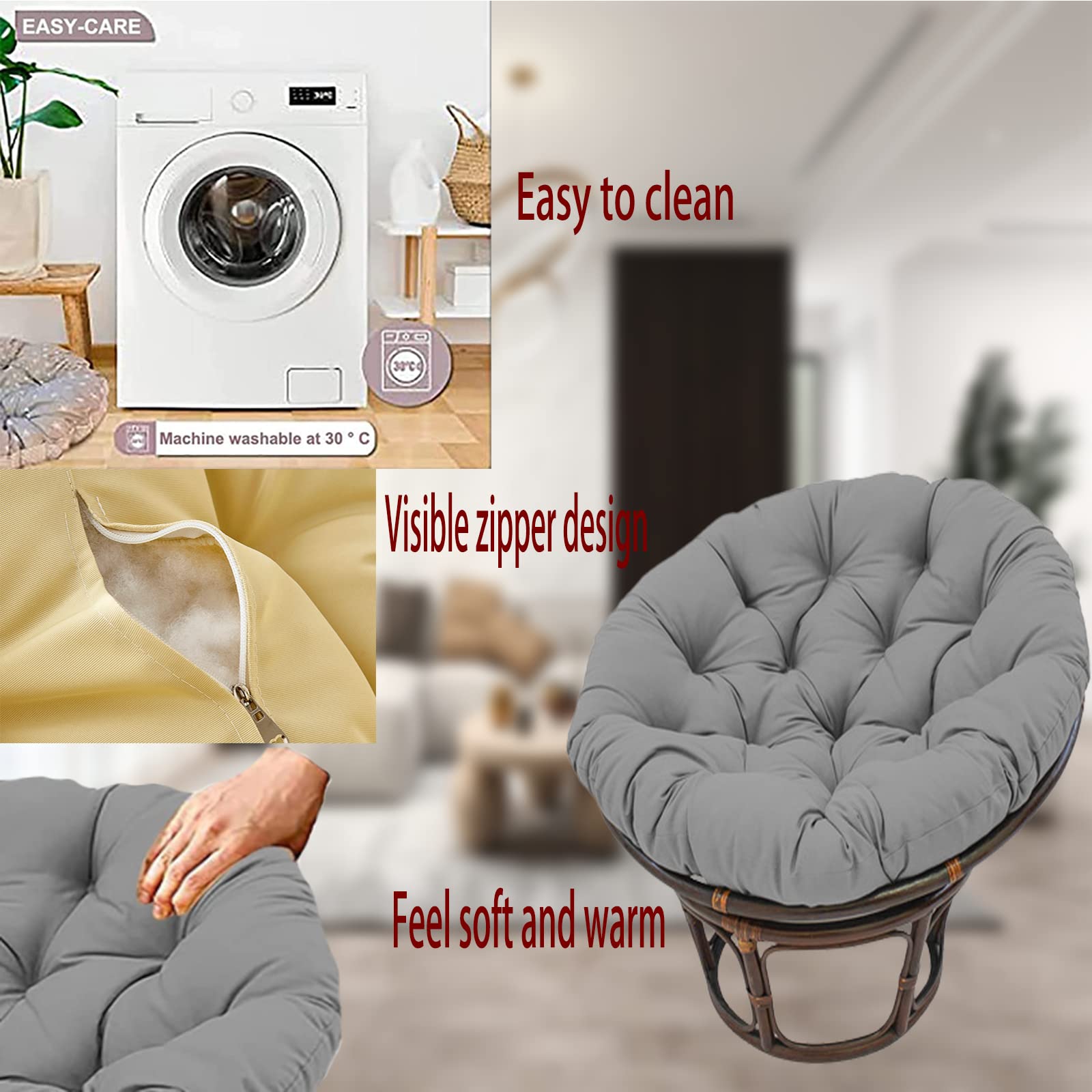 Premium Solid Papasan Patio Chair Cushion - Thick Overstuffed Outdoor Egg Seat Cushion for Hammock Swings - 65 Inch (165cm) Gray - Perfect for Indoor & Outdoor Relaxation in Gardens, Porches, and Balconies