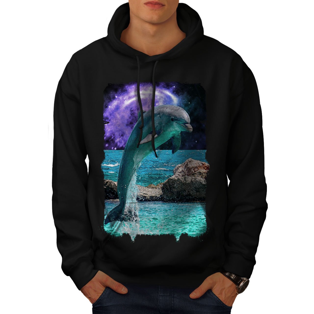Wellcoda Men's Ocean Rock Dolphin Hoodie - Cosmic Print Pullover Sweatshirt for Casual Wear, Street Style & Outdoor Activities