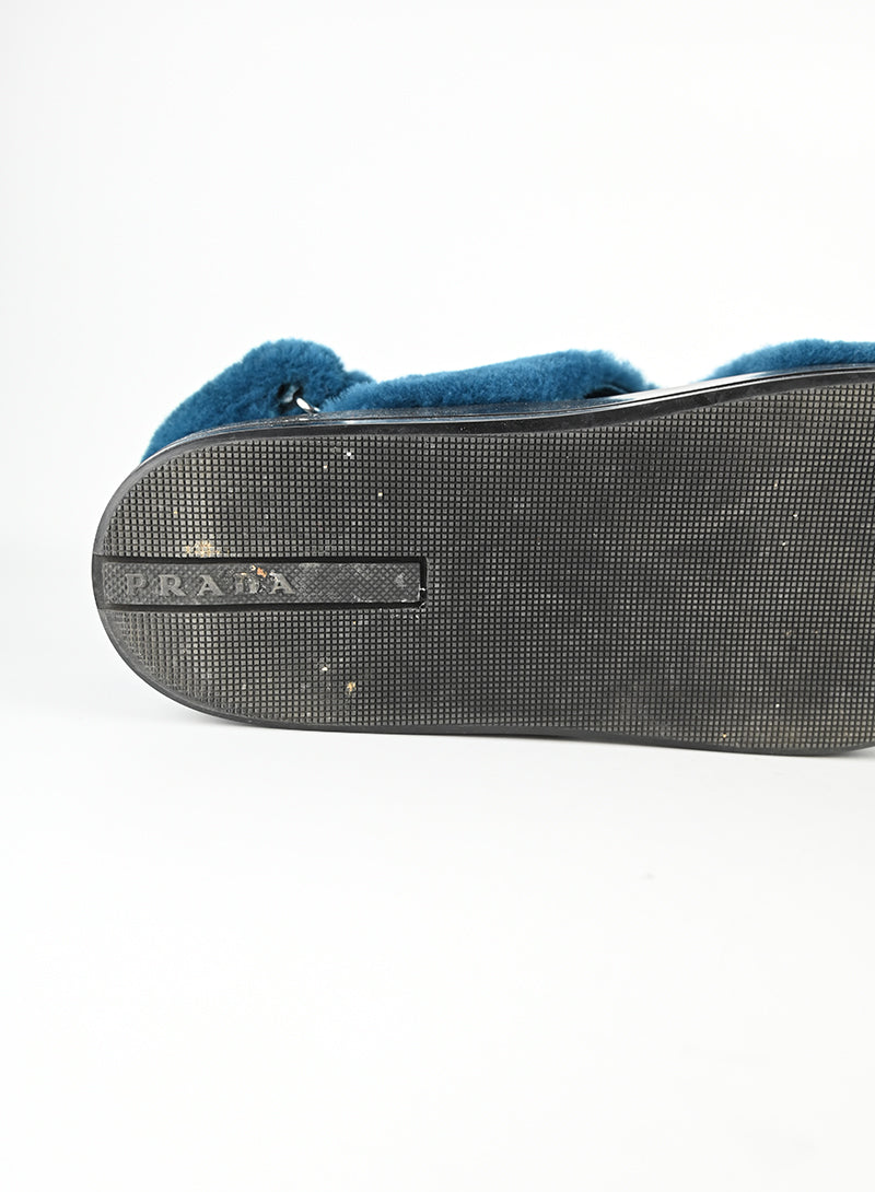 Prada Blue Fur Sandals Women's Size 39 - Luxury Designer Slides for Summer & Beach Wear