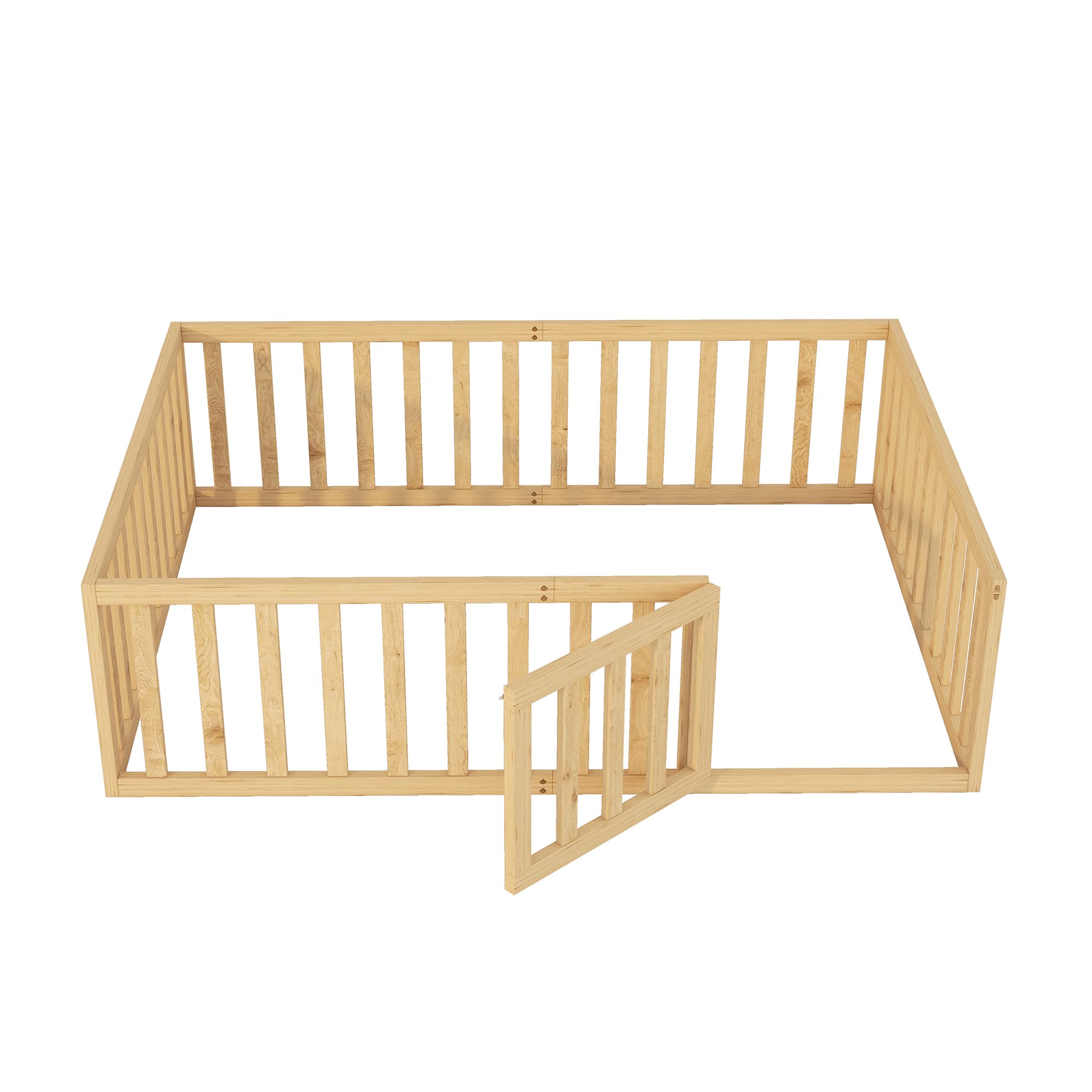 Wooden Kids Floor Bed with Fence & Door - Safe Playpen for Toddlers - Nursery & Playroom