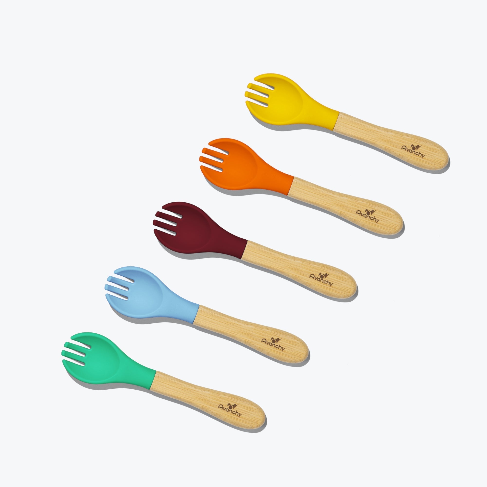 Avanchy 5-Pack Bamboo Baby Forks for Toddlers 6+ Months - Eco-Friendly, Safe & Durable - Perfect for Baby-Led Weaning & First Self-Feeding (Blue)