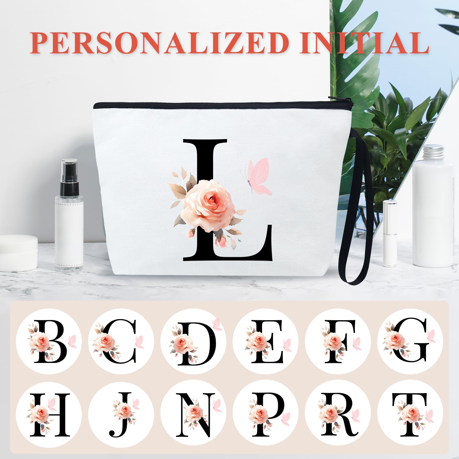 Personalized Initial Makeup Bag - 12OZ Canvas Cosmetic Pouch with Floral Butterfly Design (Letter J) | Travel Toiletry Organizer for Women, Perfect for Gym, Vacation & Daily Use