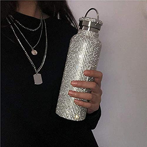 Sparkling Rhinestone Insulated Water Bottle - Bling Diamond Stainless Steel Double Wall Vacuum Thermos with Chain - 750ML Leakproof Travel Tumbler for Women, Gym, Office & Outdoor Activities