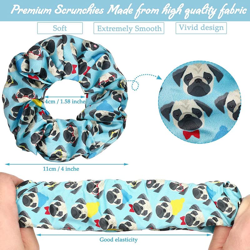 12 Pcs Pug Dog Printed Hair Scrunchies - Elastic Hair Bands & Ties for Women & Girls (Pug Pattern) | Cute Hair Accessories for School, Work & Everyday Use